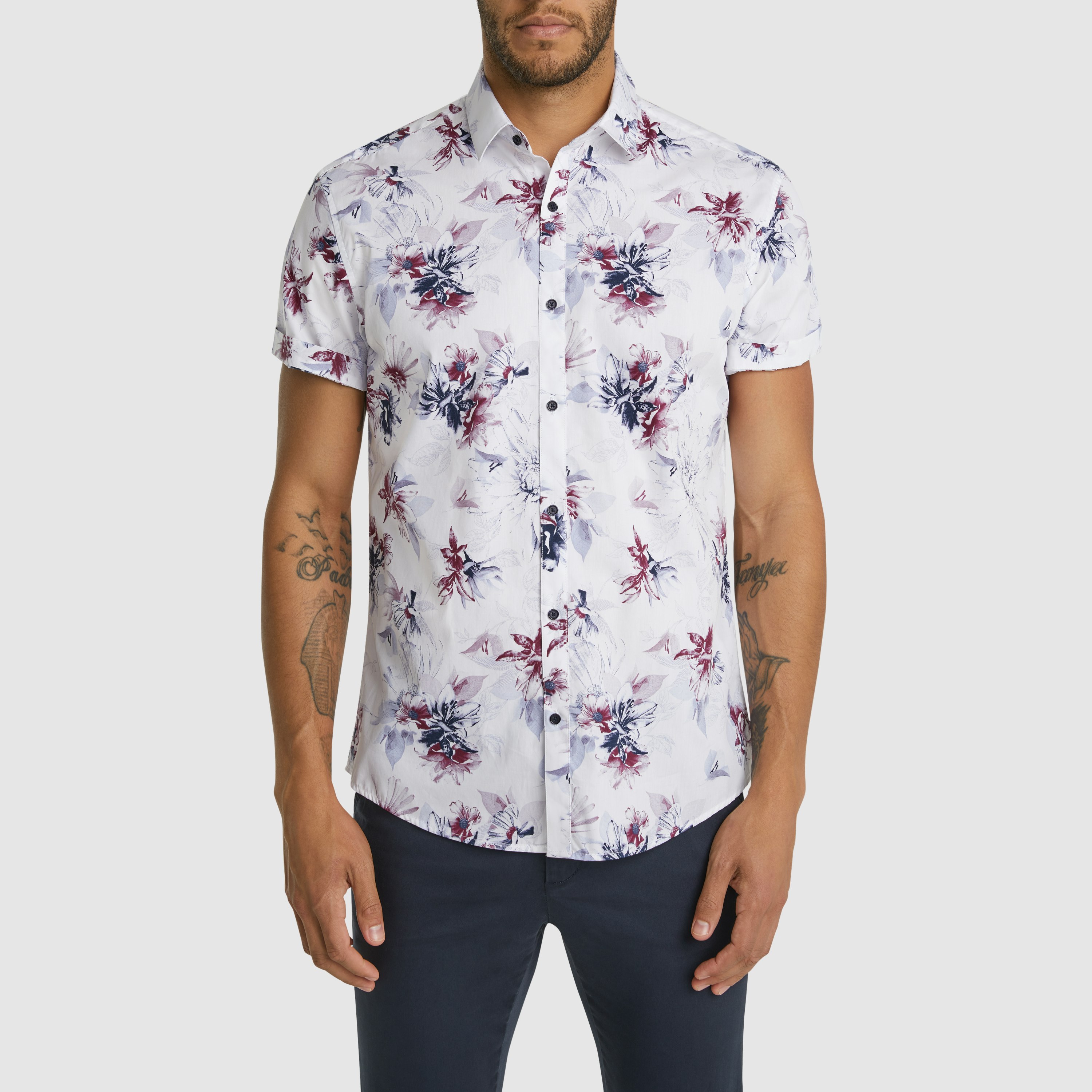 White Fitzgerald Classic Floral Print Cotton Short Sleeve Shirt | Men's ...