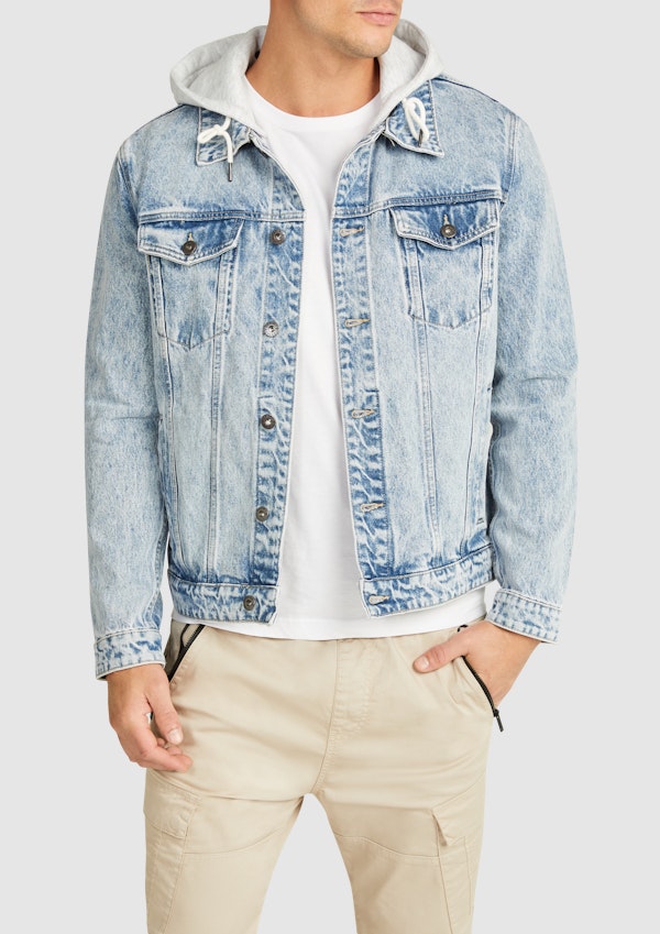 Light blue denim jacket with hoodie sale