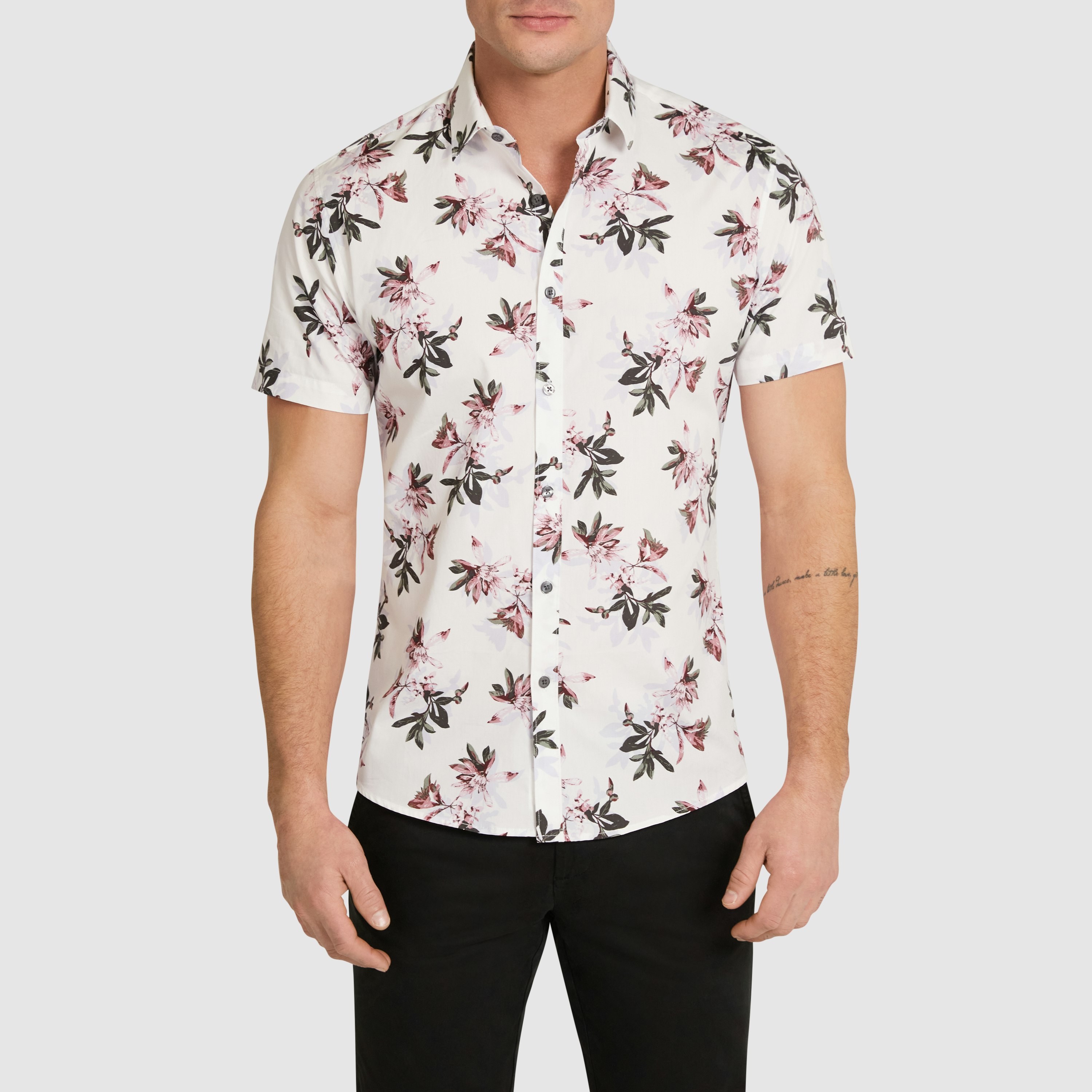 White Como Slim Cotton Floral Short Sleeve Shirt | Men's Tops | Connor NZ