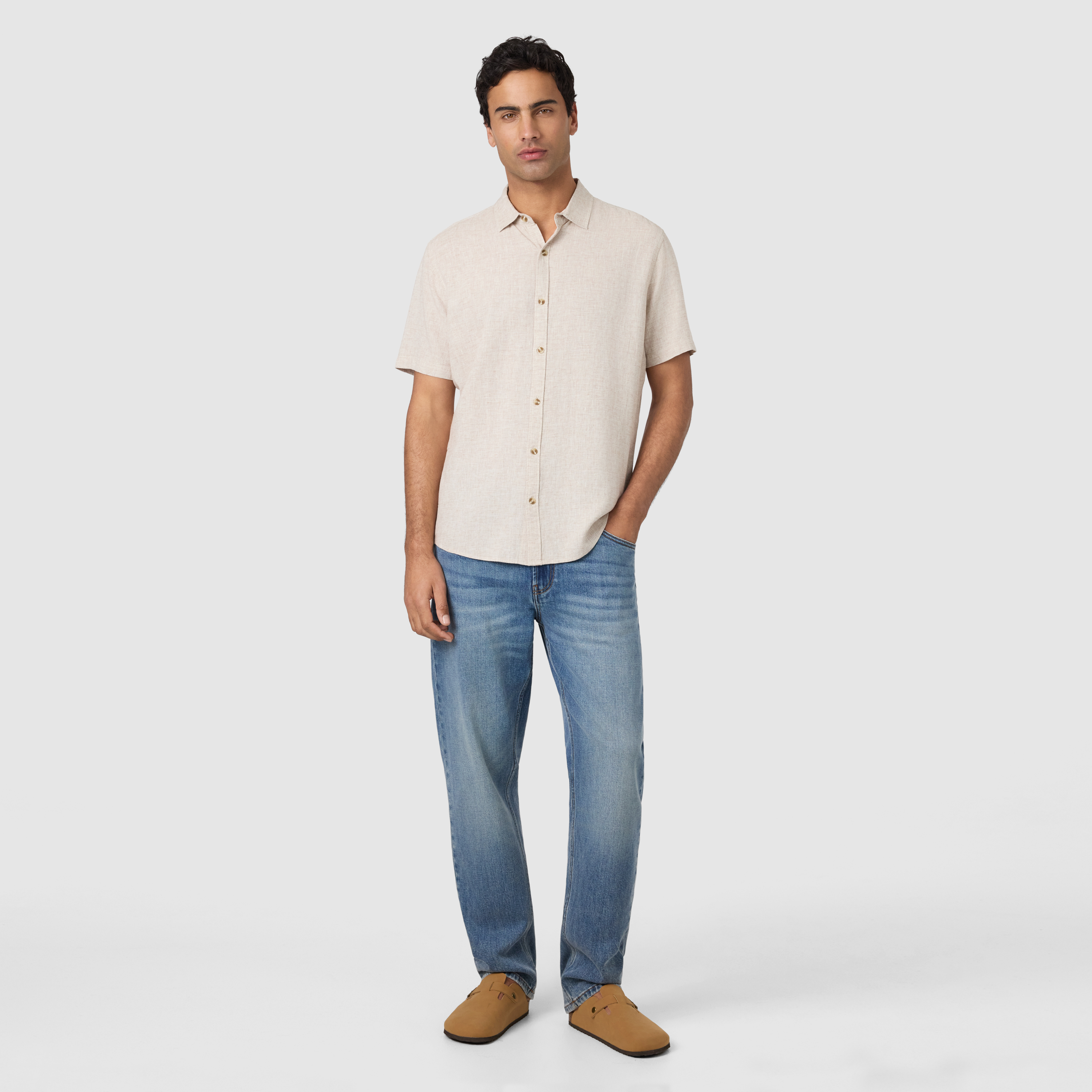 Sand Kieran Linen Blend Short Sleeve Shirt