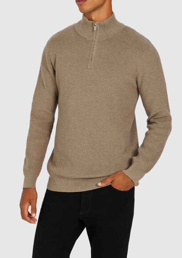Light Brown Oberon Cotton Blend Quarter Zip Knit