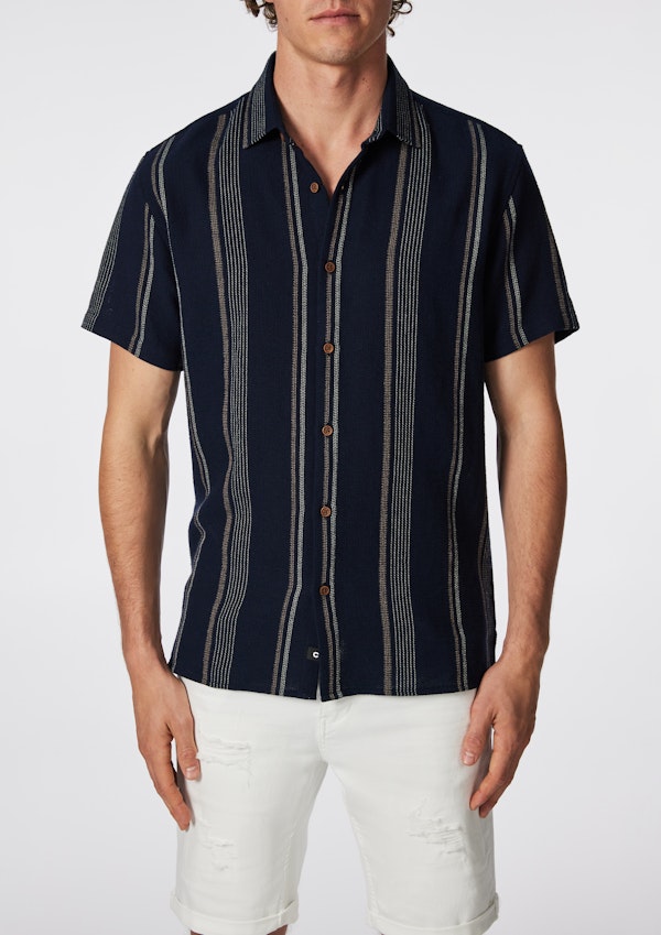 Navy Shaun Textured Stripe Short Sleeve Shirt
