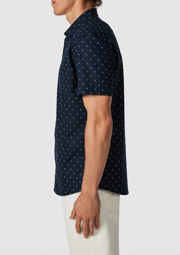 Navy Sackville Geo Cotton Oxford Short Sleeve Shirt