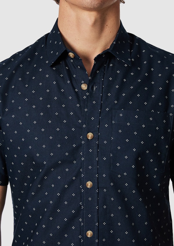Navy Sackville Geo Cotton Oxford Short Sleeve Shirt