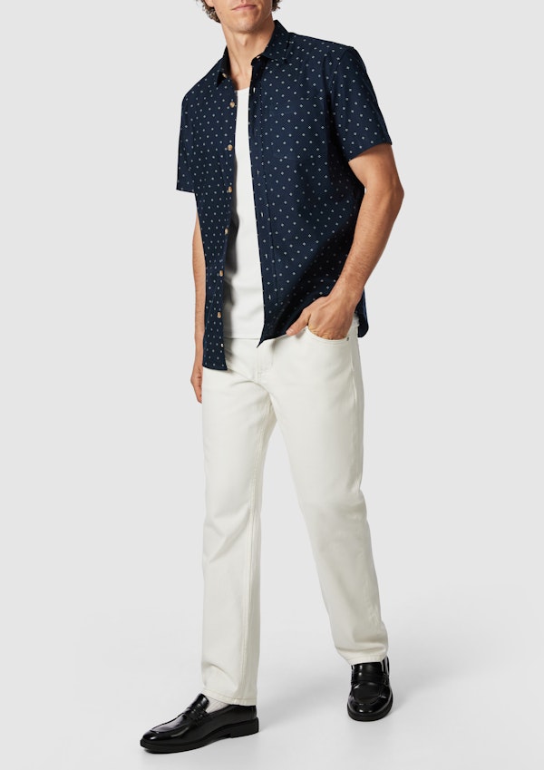 Navy Sackville Geo Cotton Oxford Short Sleeve Shirt