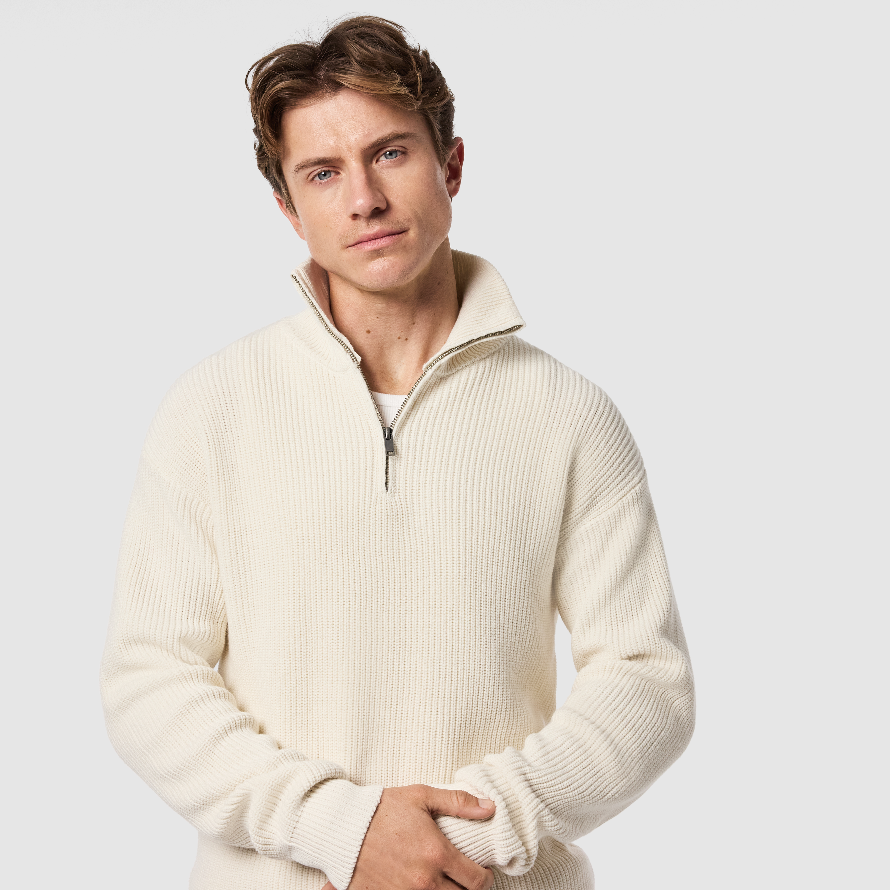 Ecru Rowan Cotton Blend Quarter Zip Knit