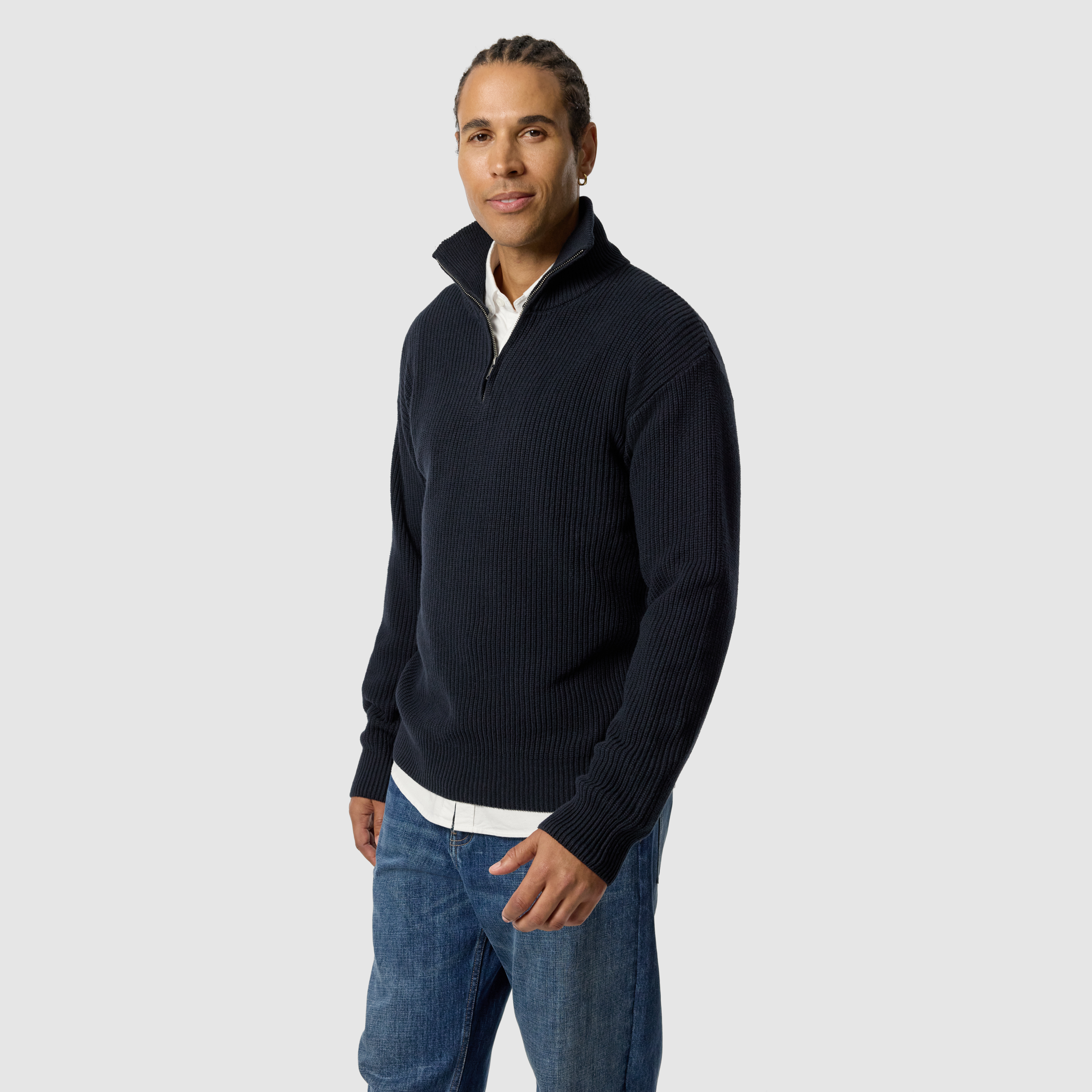 Navy Rowan Cotton Blend Quarter Zip Knit