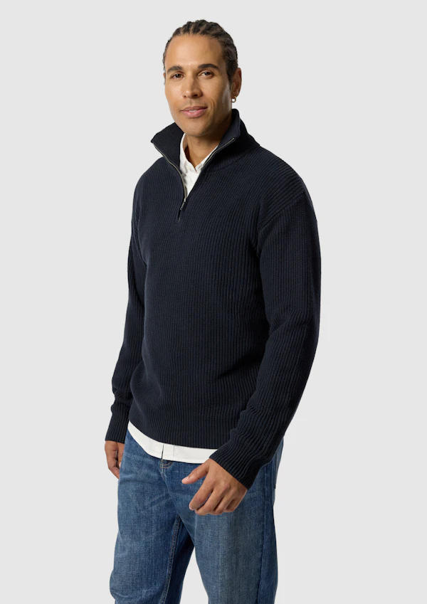 Navy Rowan Cotton Blend Quarter Zip Knit