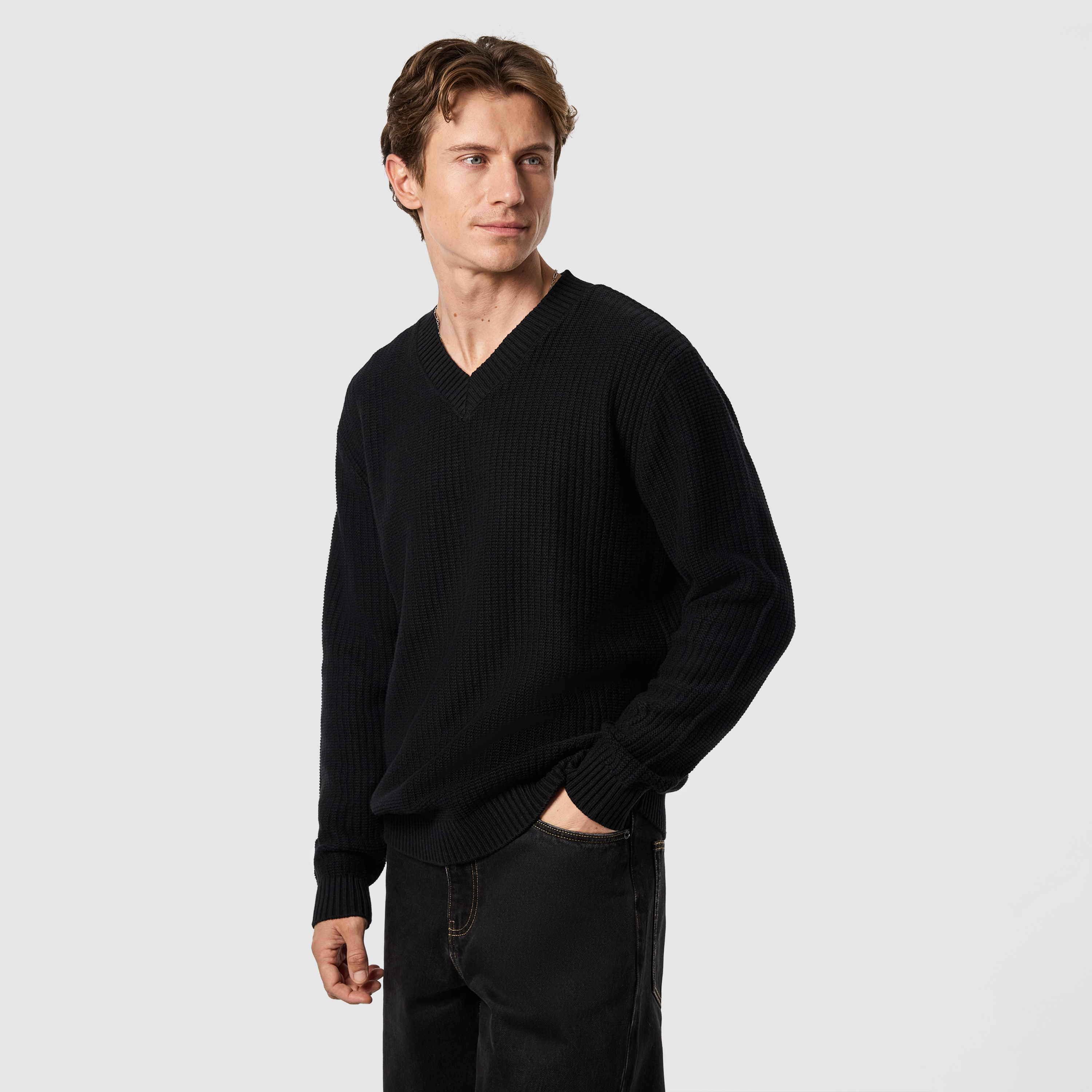 Black Cobain Cotton Blend V Neck Knit
