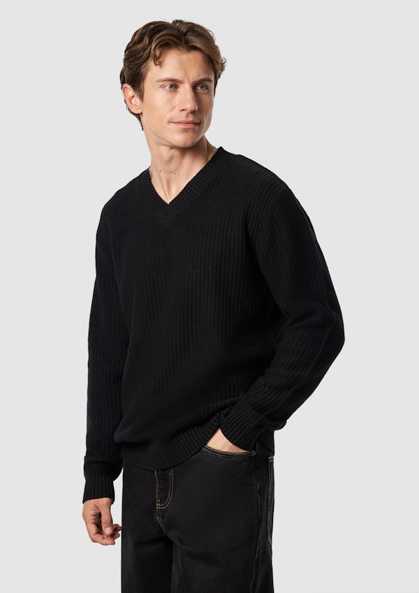 Black Cobain Cotton Blend V Neck Knit