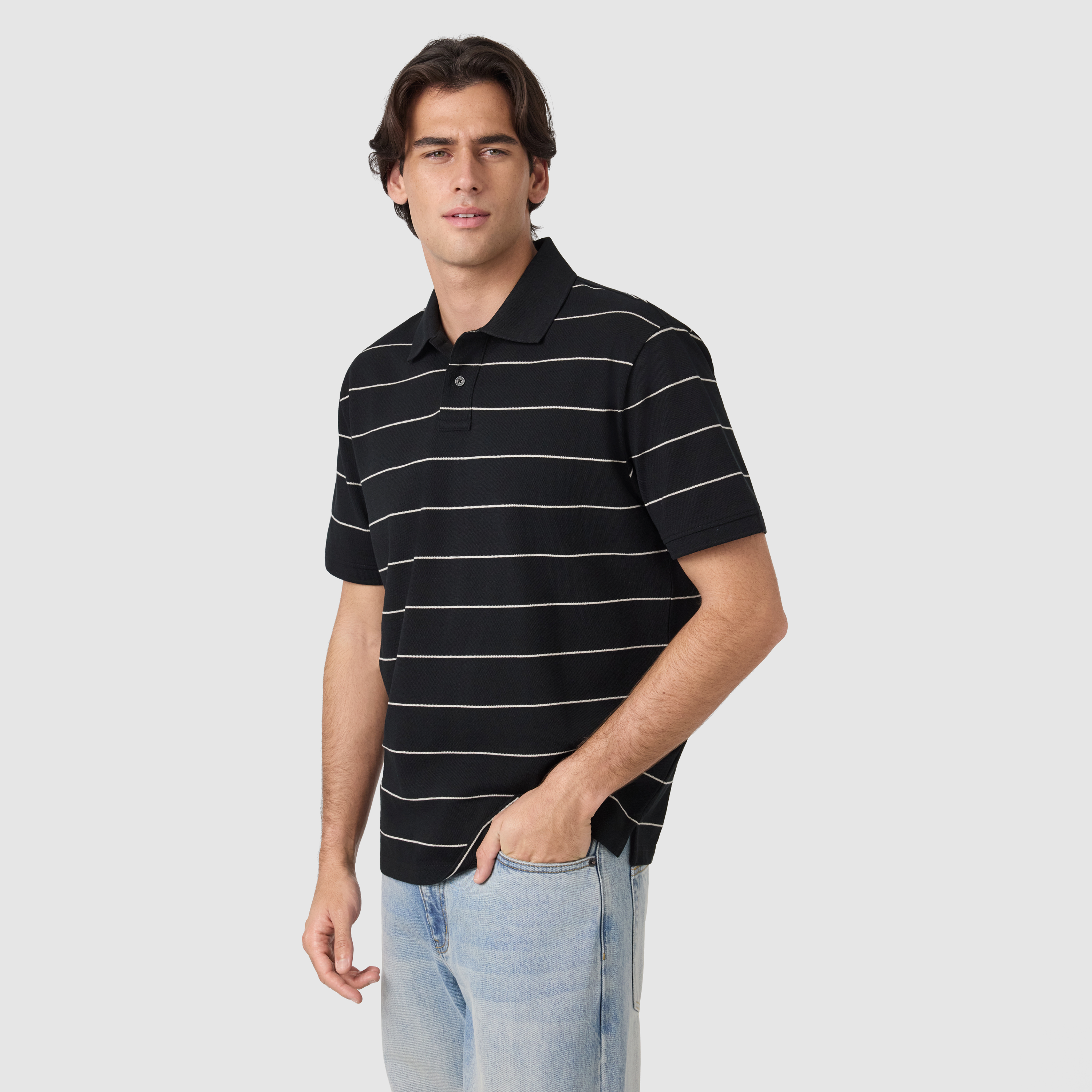 Black Hearne Stripe Cotton Blend Polo Shirt