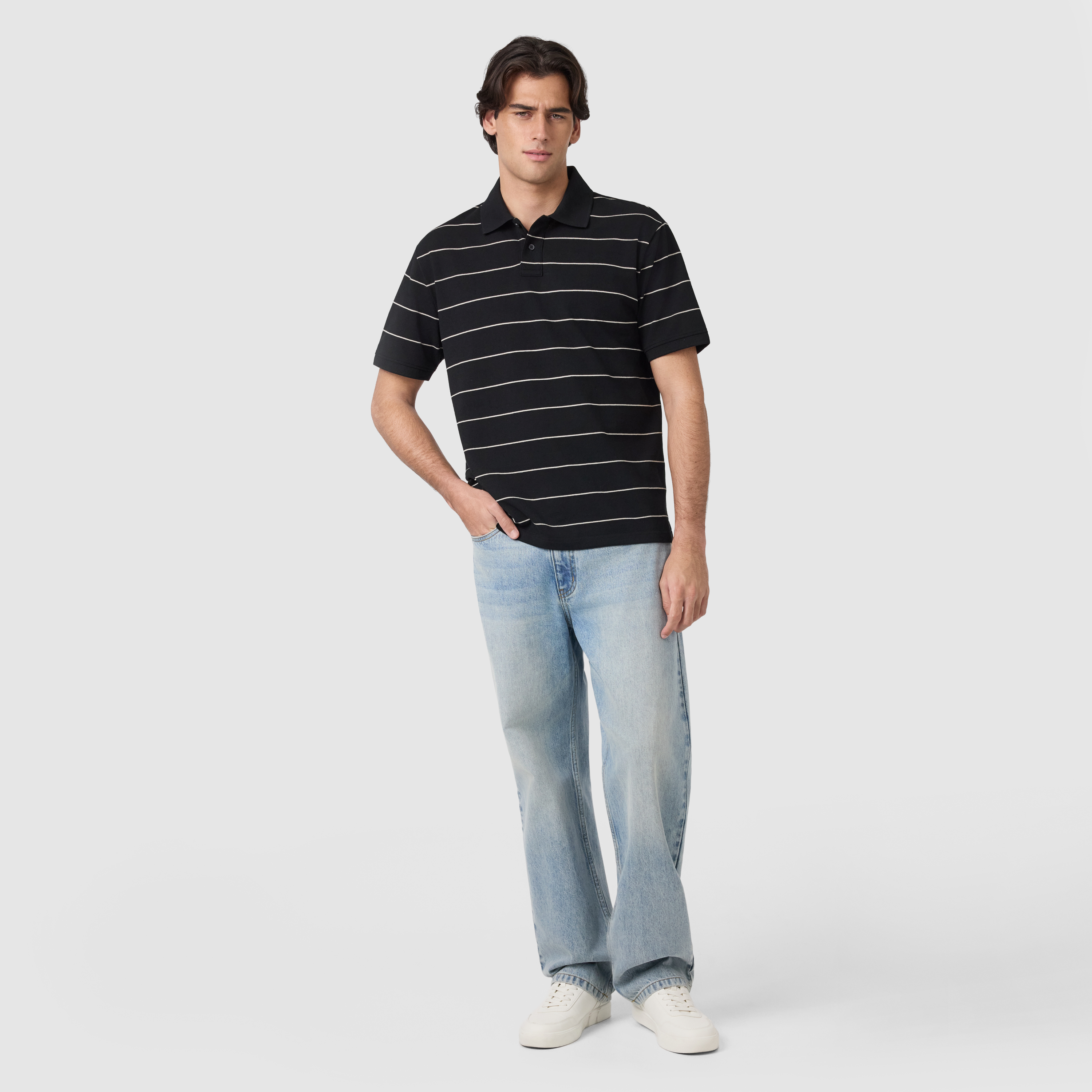 Black Hearne Stripe Cotton Blend Polo Shirt