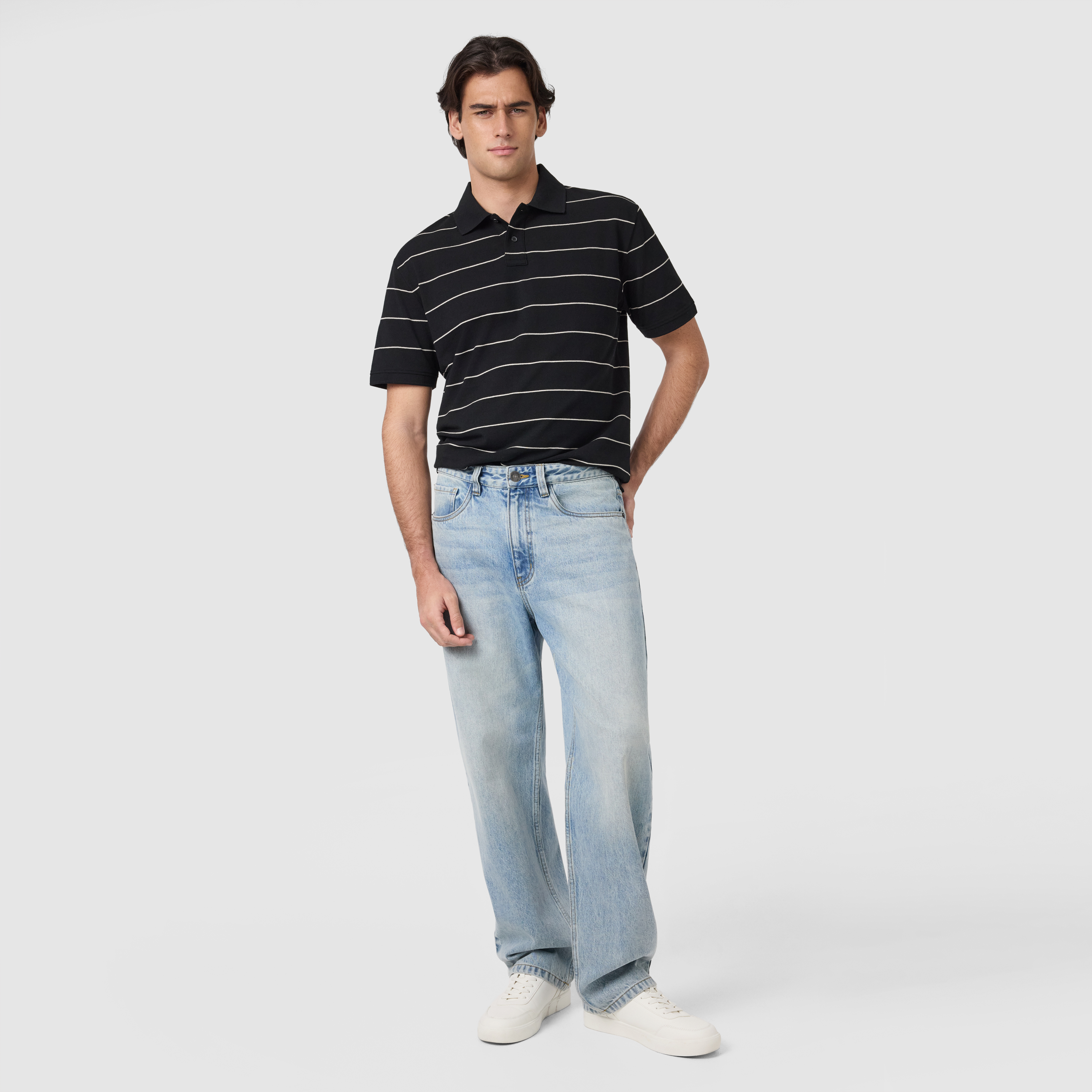 Black Hearne Stripe Cotton Blend Polo Shirt
