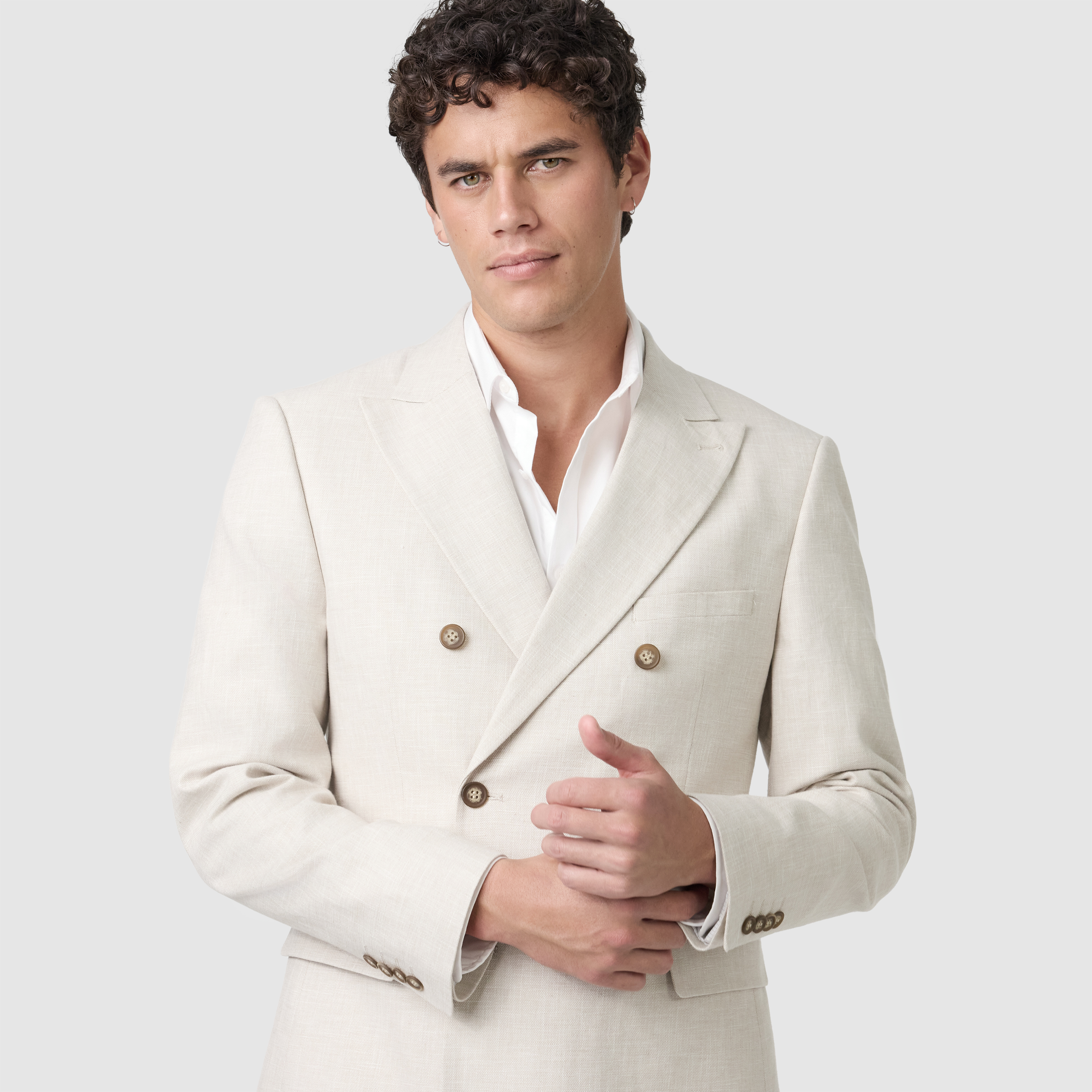 Harper Double Breasted Slim Cotton Linen Textured Suit Jacket