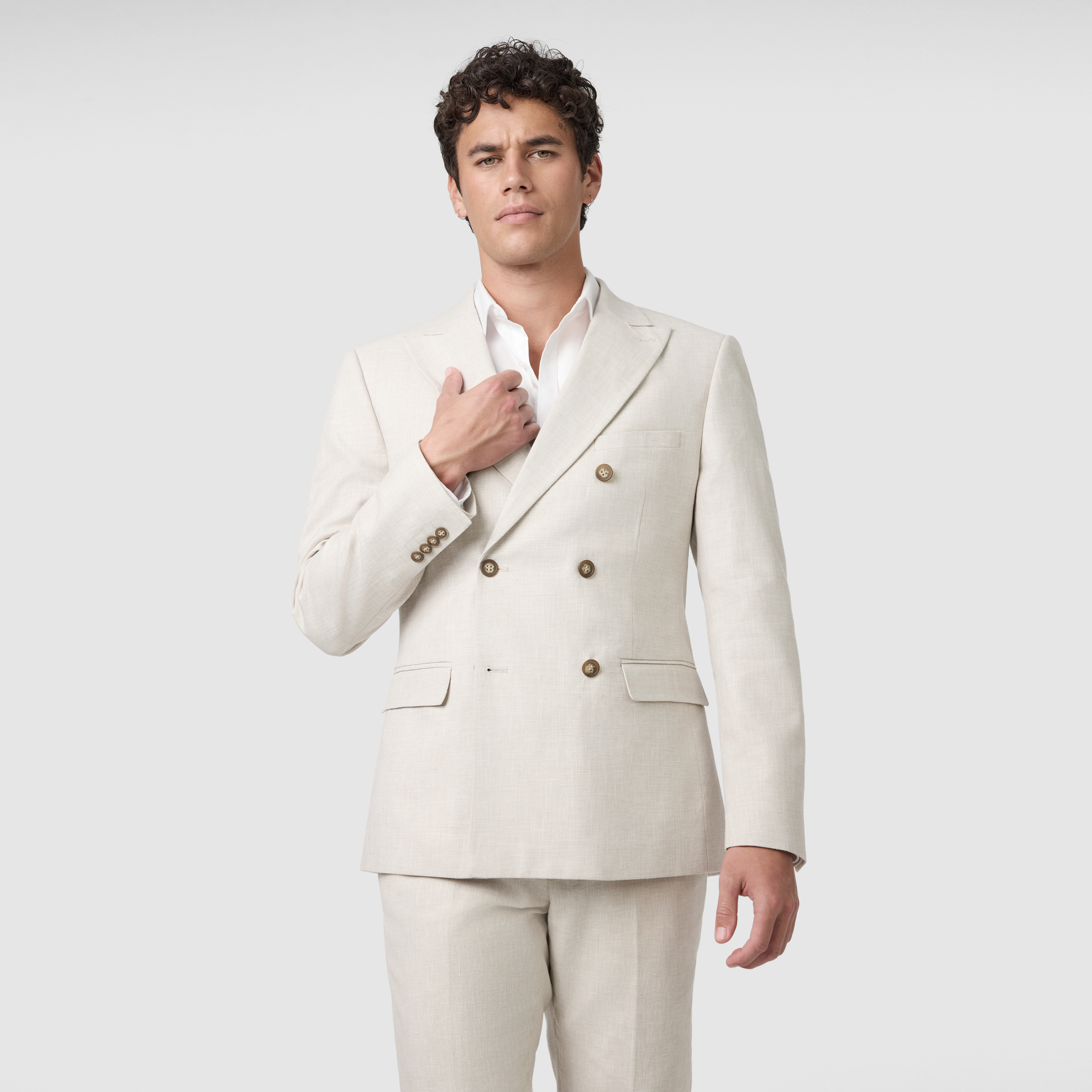 Sand Harper Double Breasted Slim Cotton Linen Textured Suit Jacket