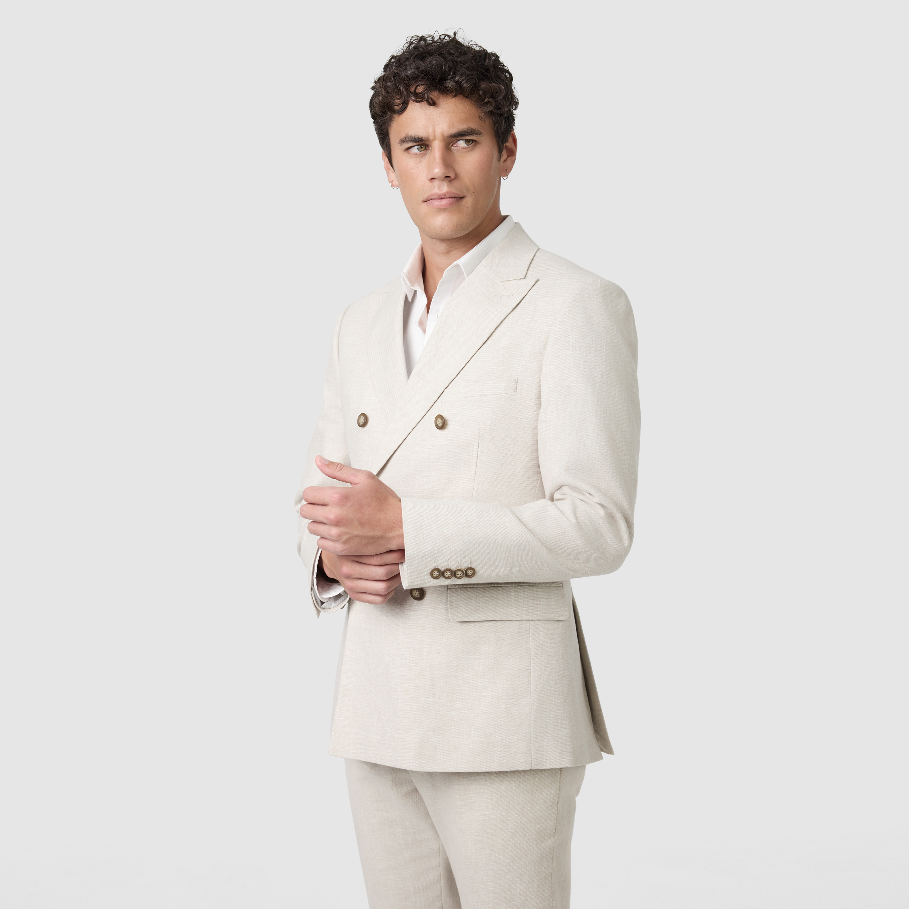 Sand Harper Double Breasted Slim Cotton Linen Textured Suit Jacket