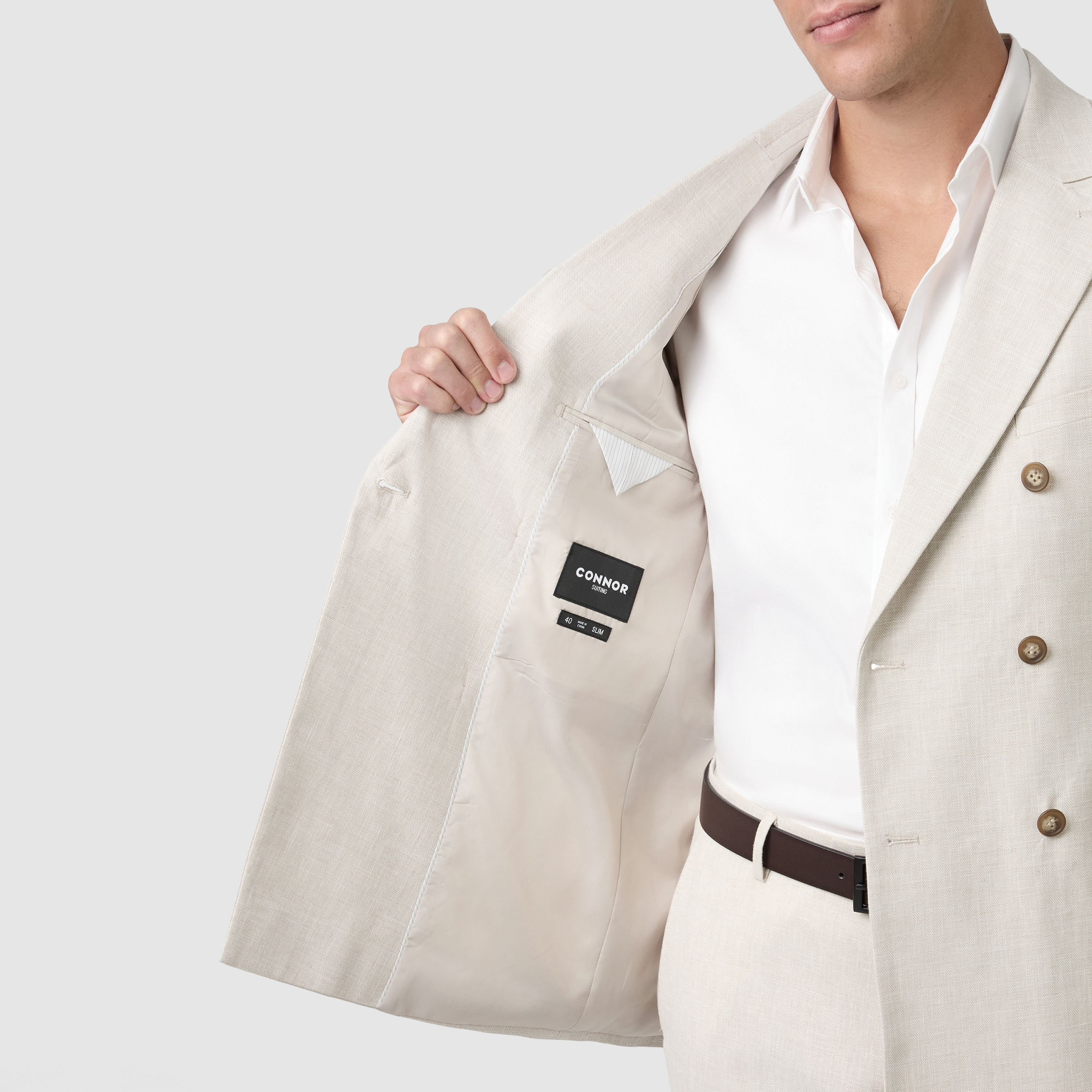 Sand Harper Double Breasted Slim Cotton Linen Textured Suit Jacket
