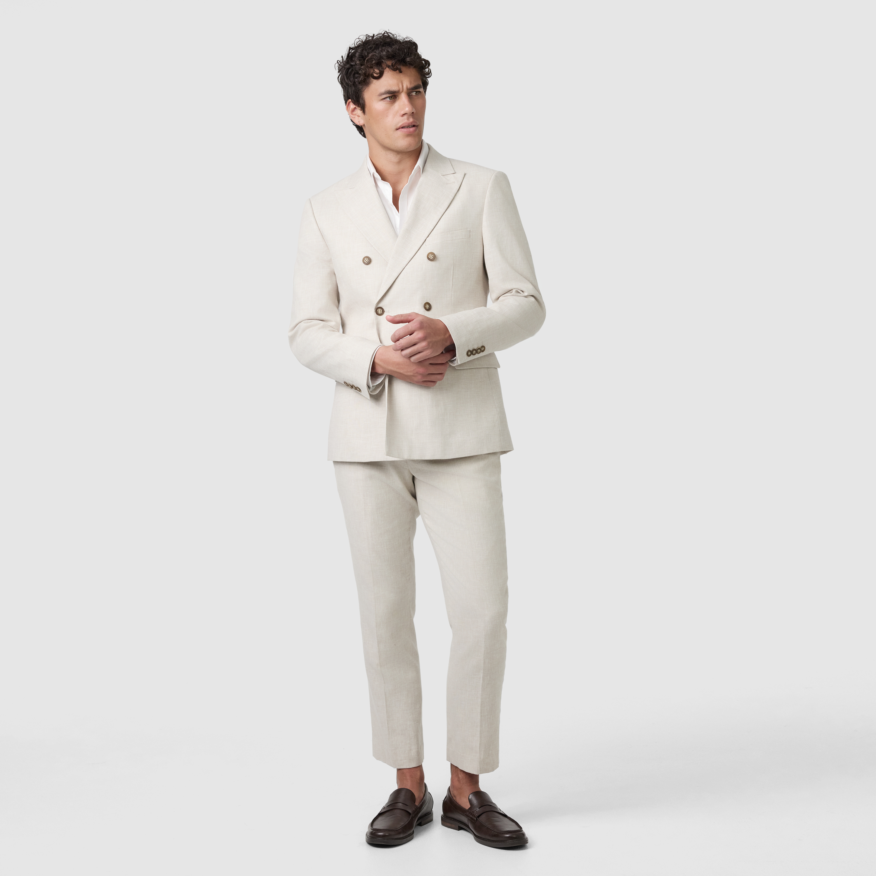 Sand Harper Double Breasted Slim Cotton Linen Textured Suit Jacket