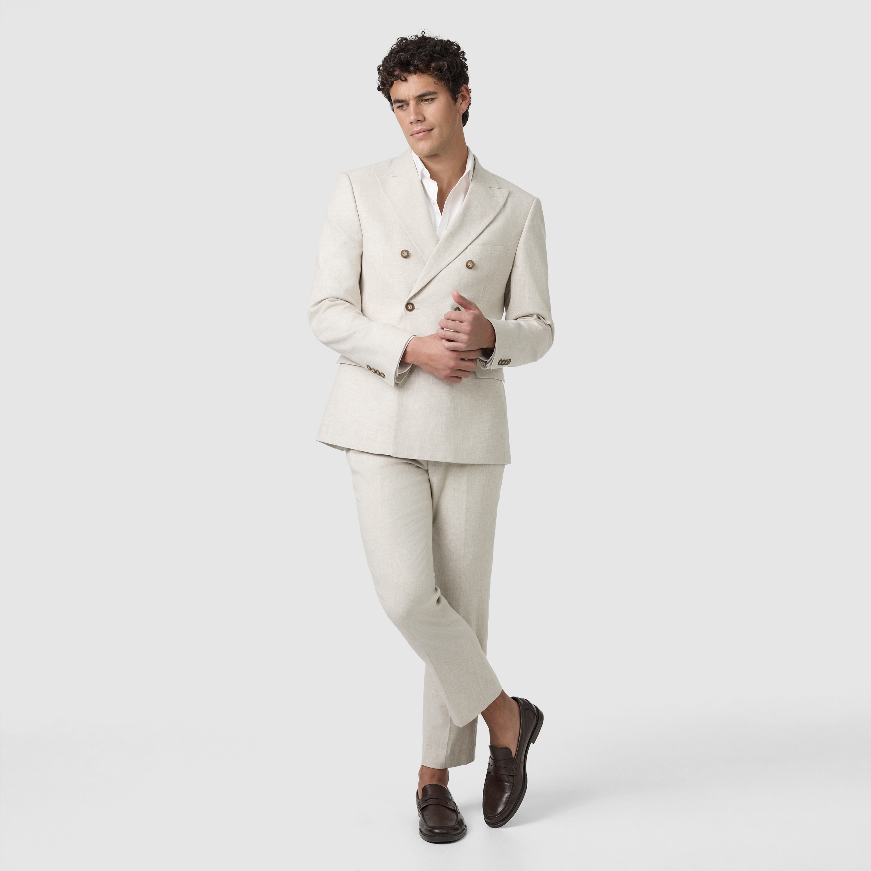 Sand Harper Double Breasted Slim Cotton Linen Textured Suit Jacket