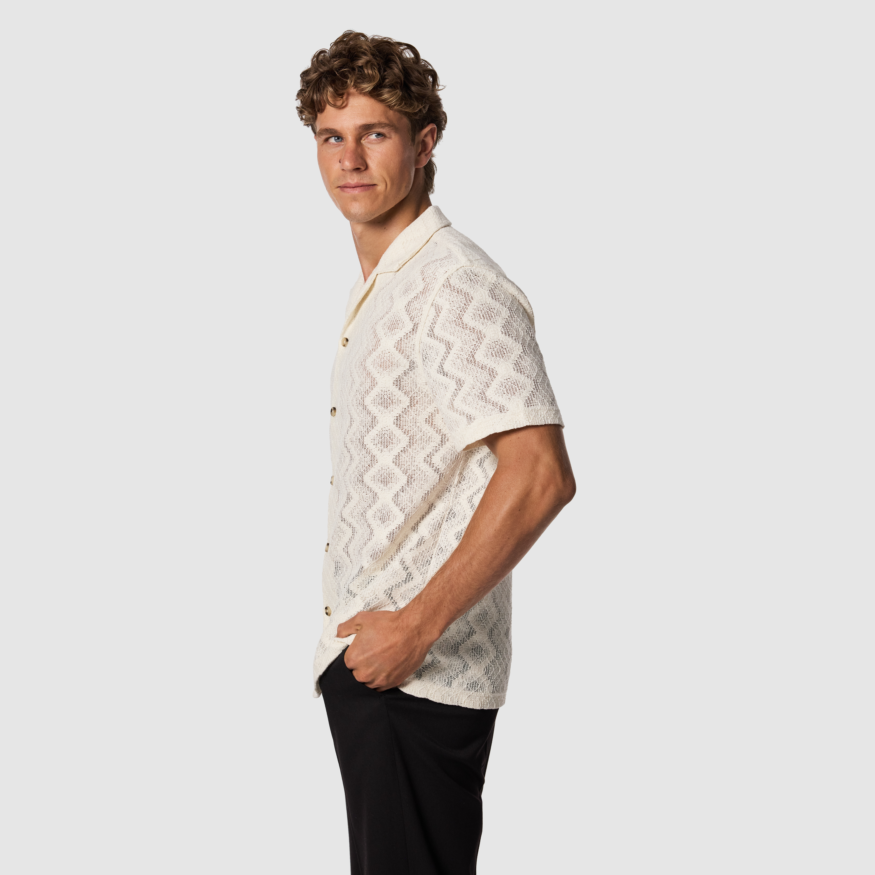Off White Zig Zag Jacquard Short Sleeve Shirt