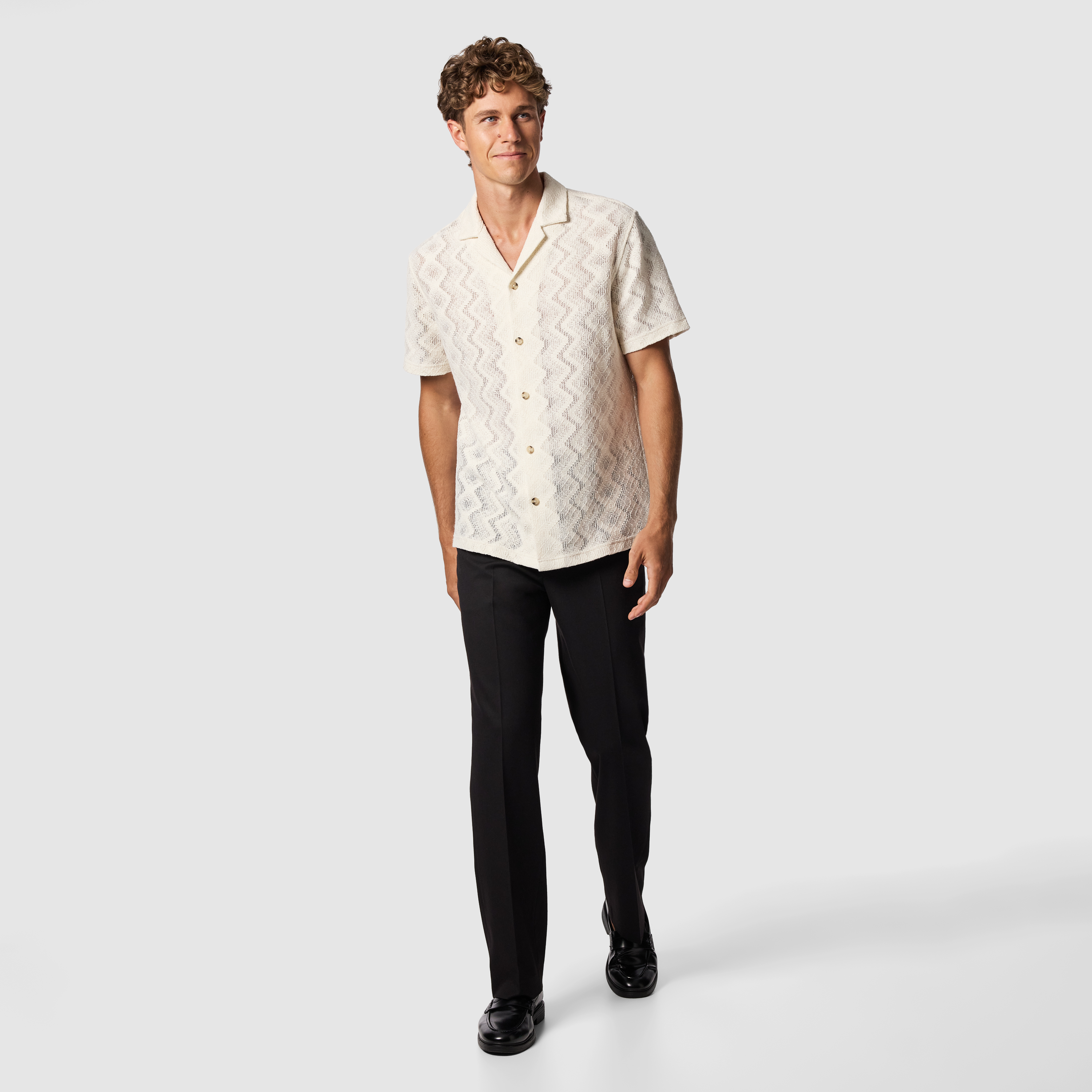 Off White Zig Zag Jacquard Short Sleeve Shirt