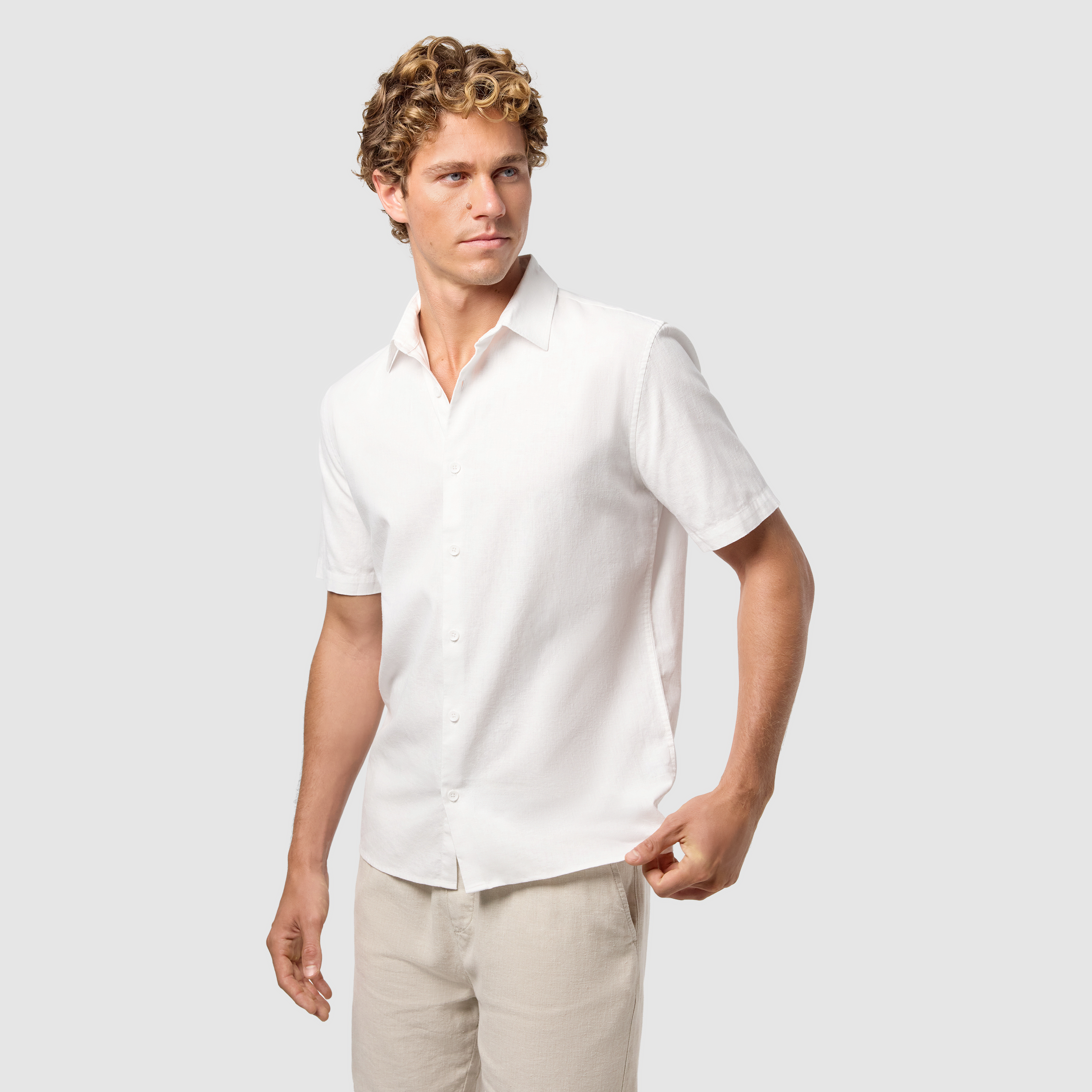 White Madison Cotton Linen Short Sleeve Shirt
