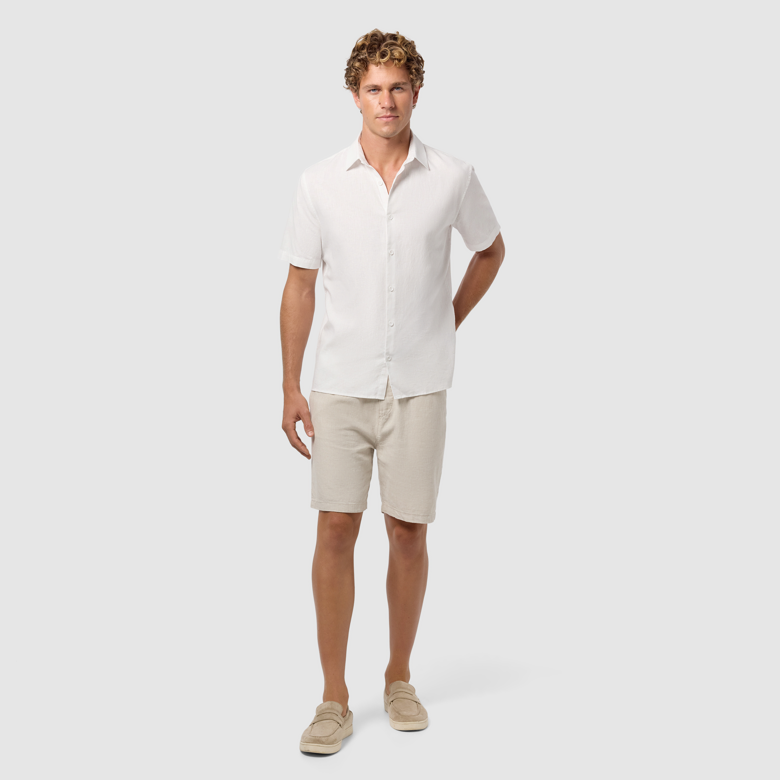 White Madison Cotton Linen Short Sleeve Shirt