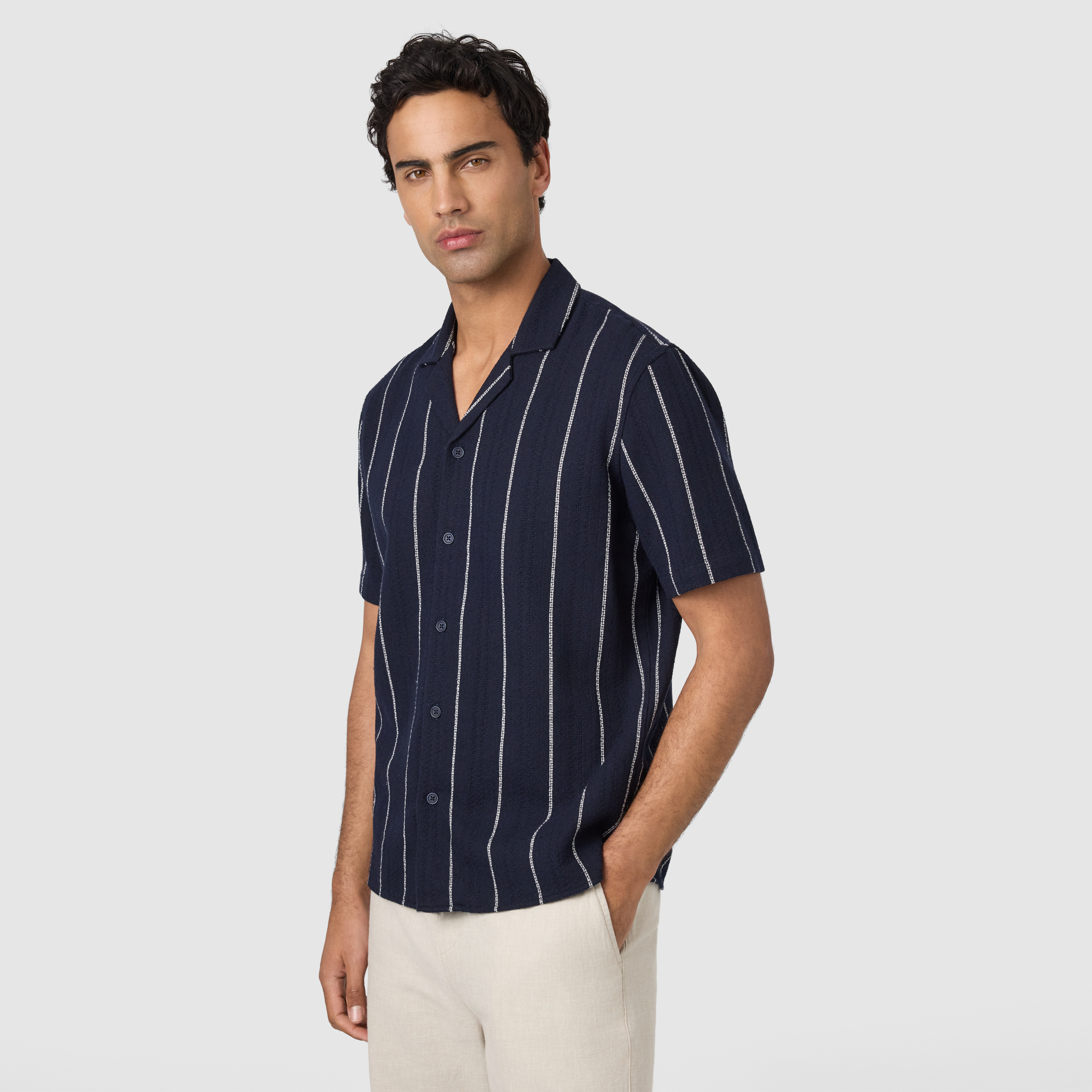 Navy Henty Textured Stripe Short Sleeve Shirt
