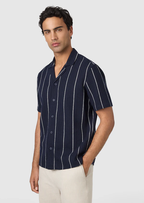 Navy Henty Textured Stripe Short Sleeve Shirt