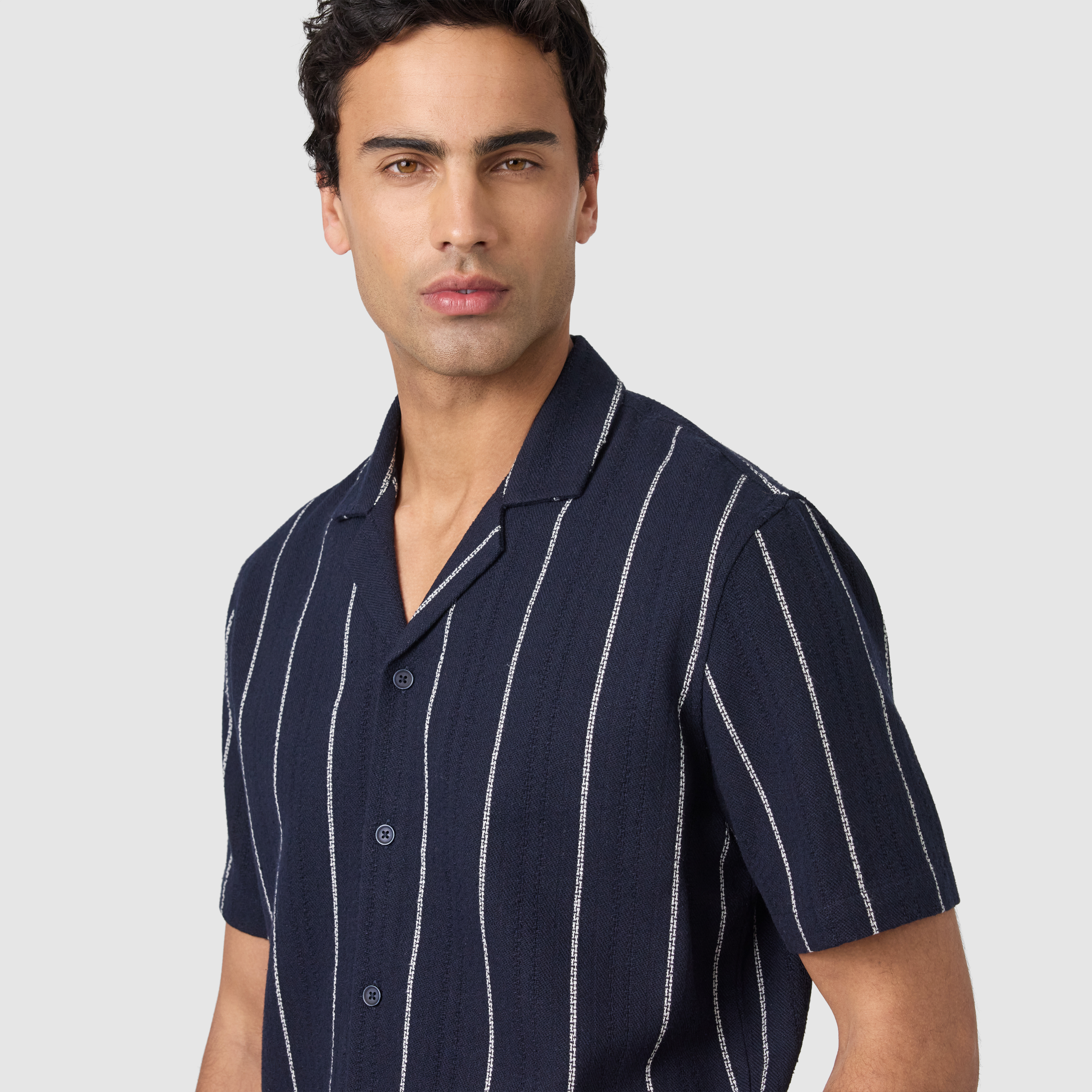 Navy Henty Textured Stripe Short Sleeve Shirt
