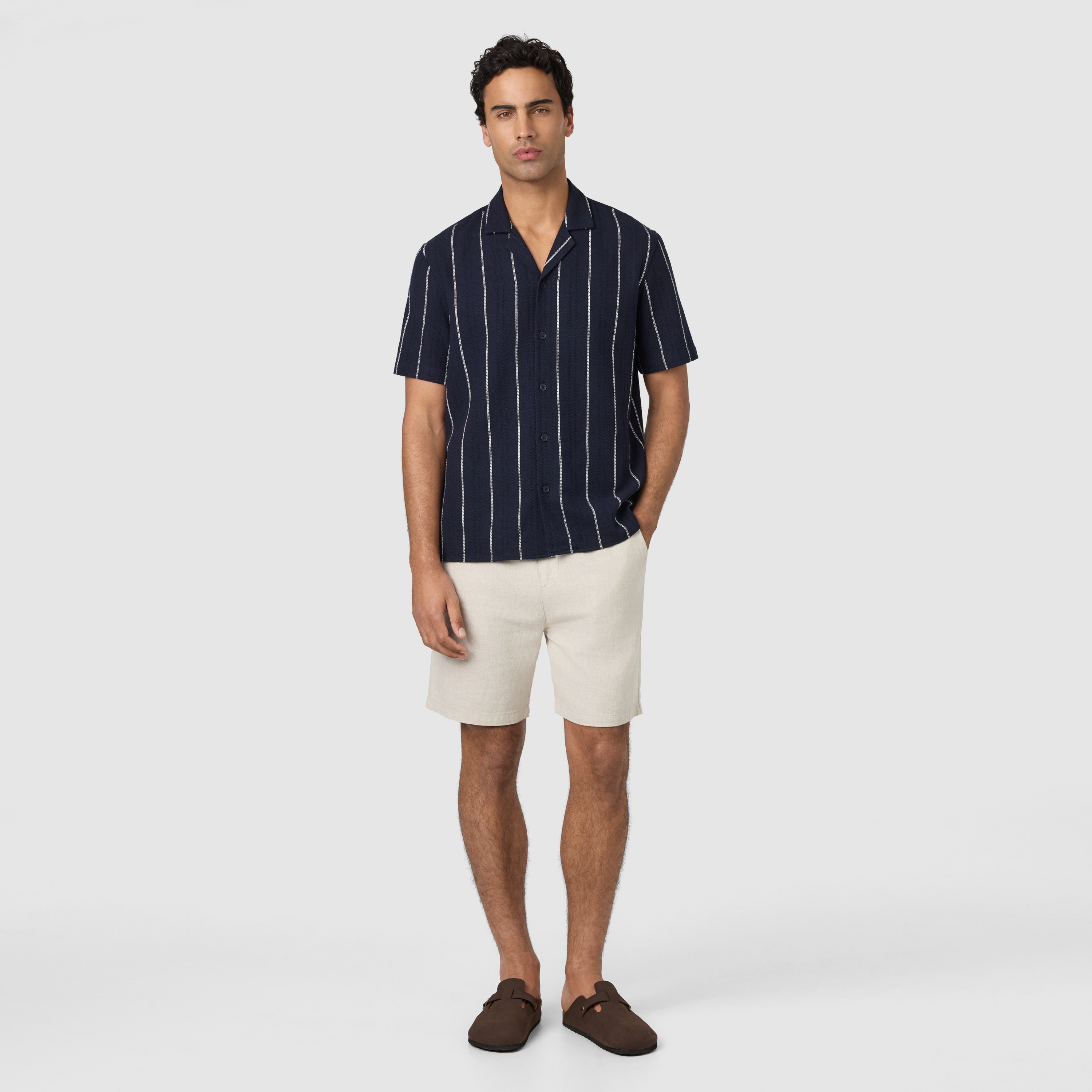 Navy Henty Textured Stripe Short Sleeve Shirt