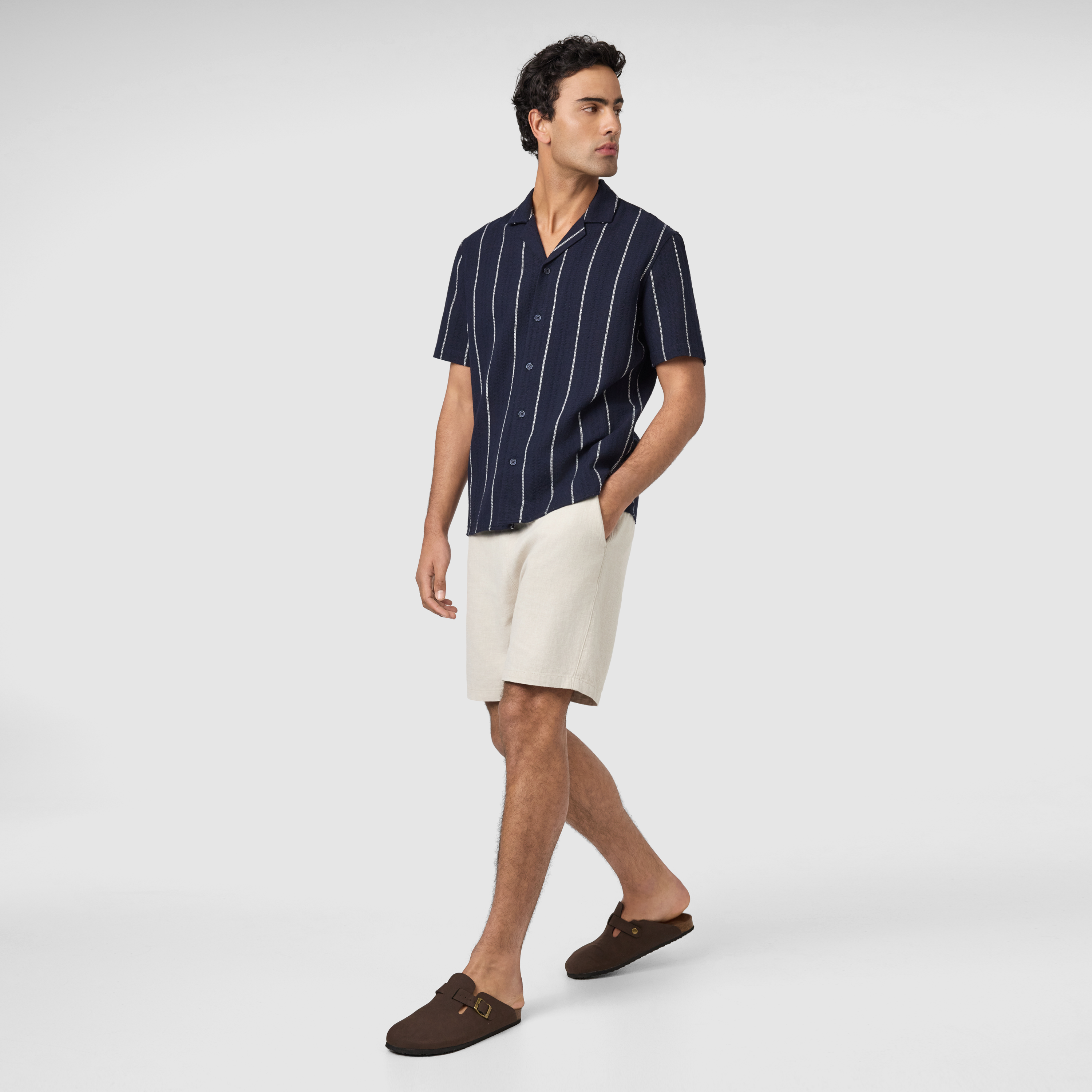 Navy Henty Textured Stripe Short Sleeve Shirt