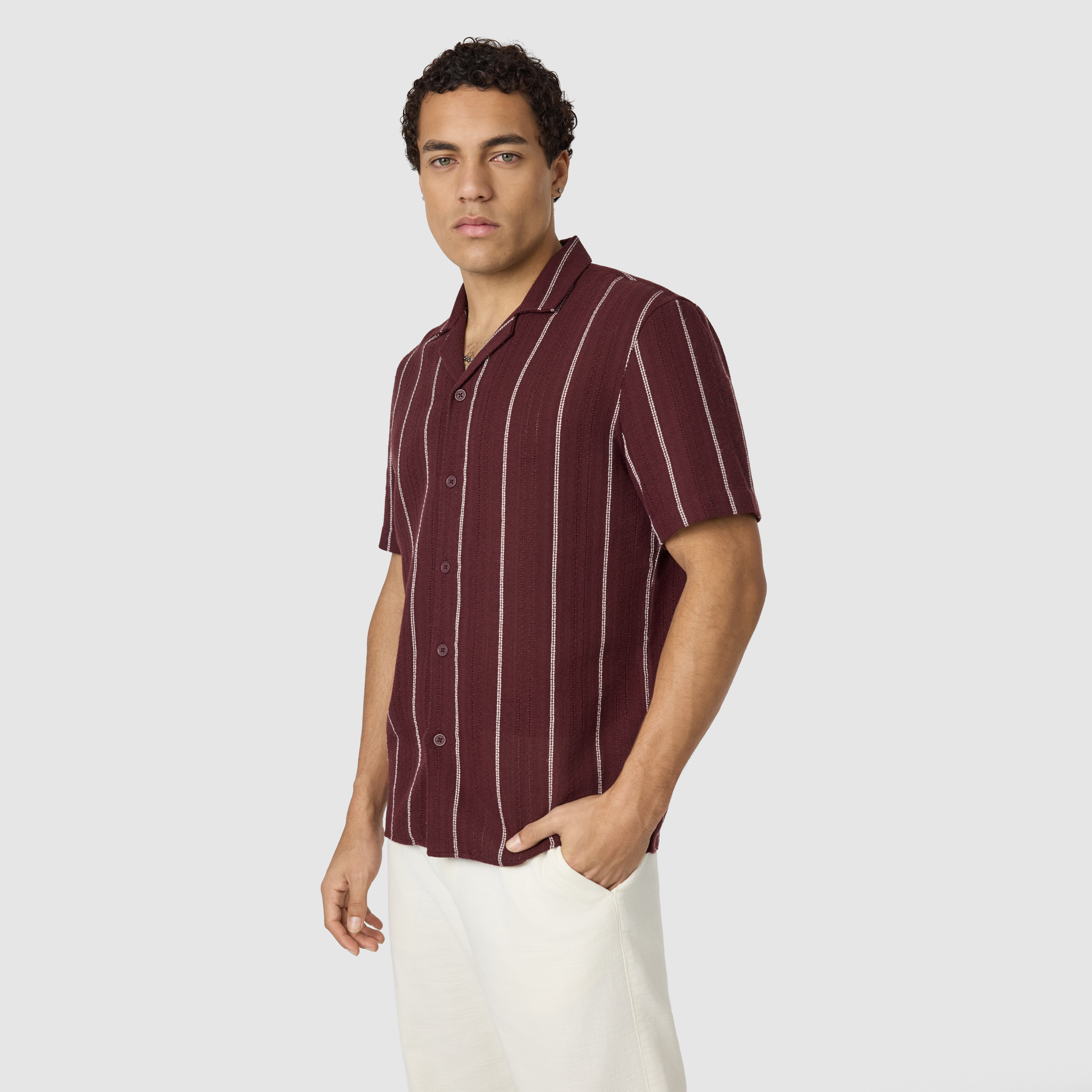 Wine Henty Textured Stripe Short Sleeve Shirt
