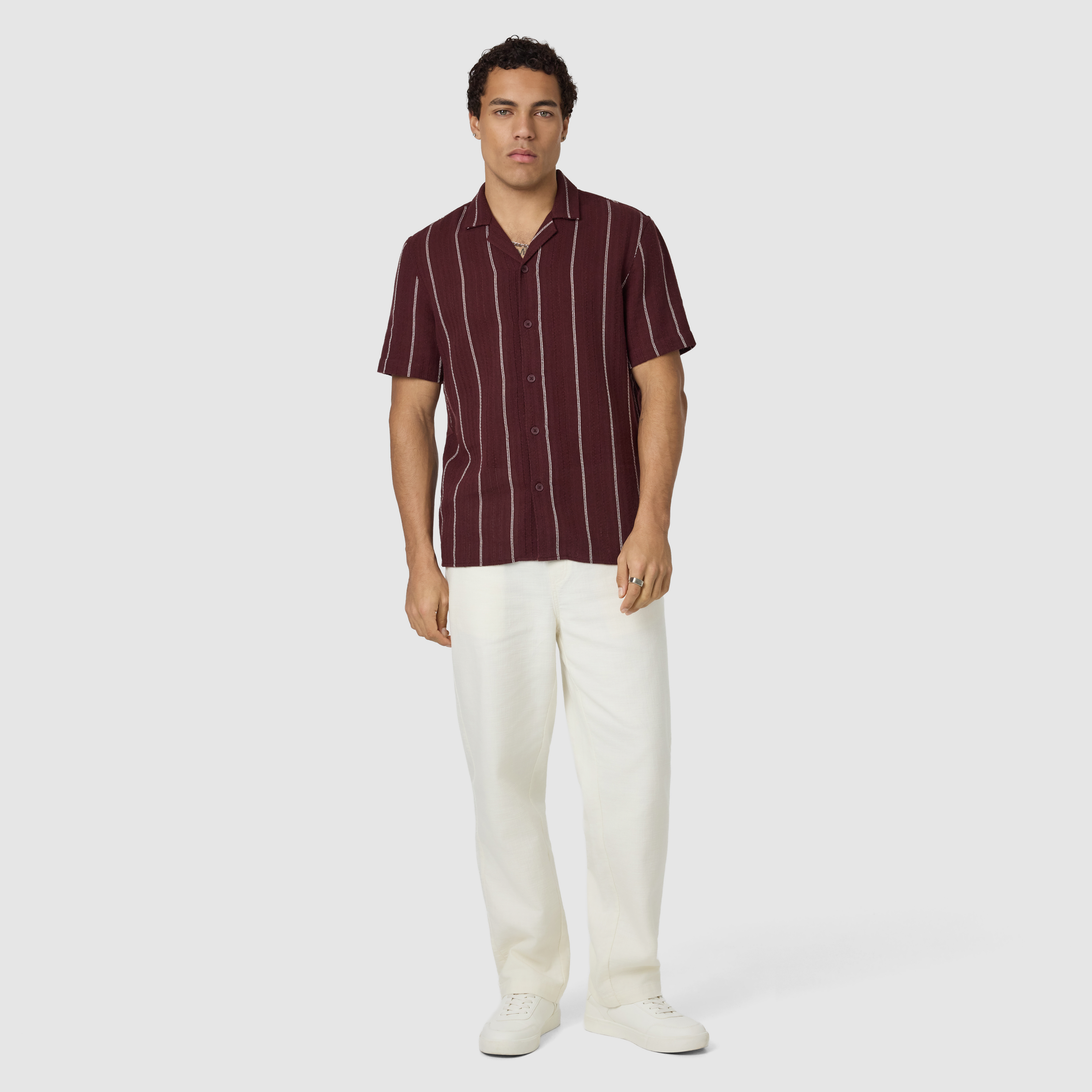 Wine Henty Textured Stripe Short Sleeve Shirt