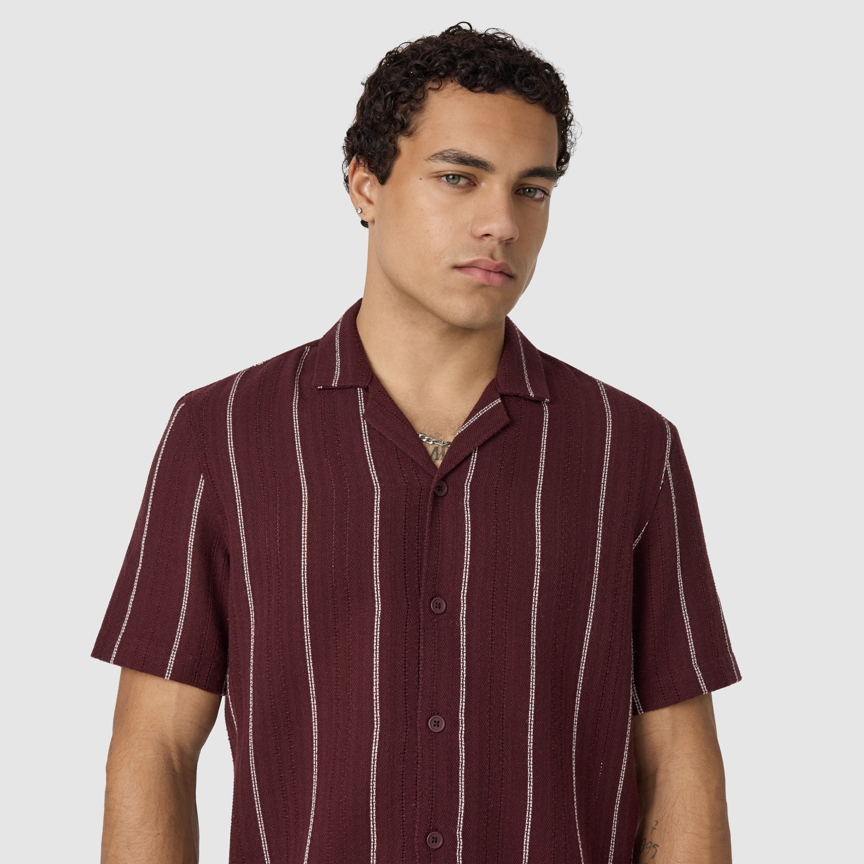 Wine Henty Textured Stripe Short Sleeve Shirt