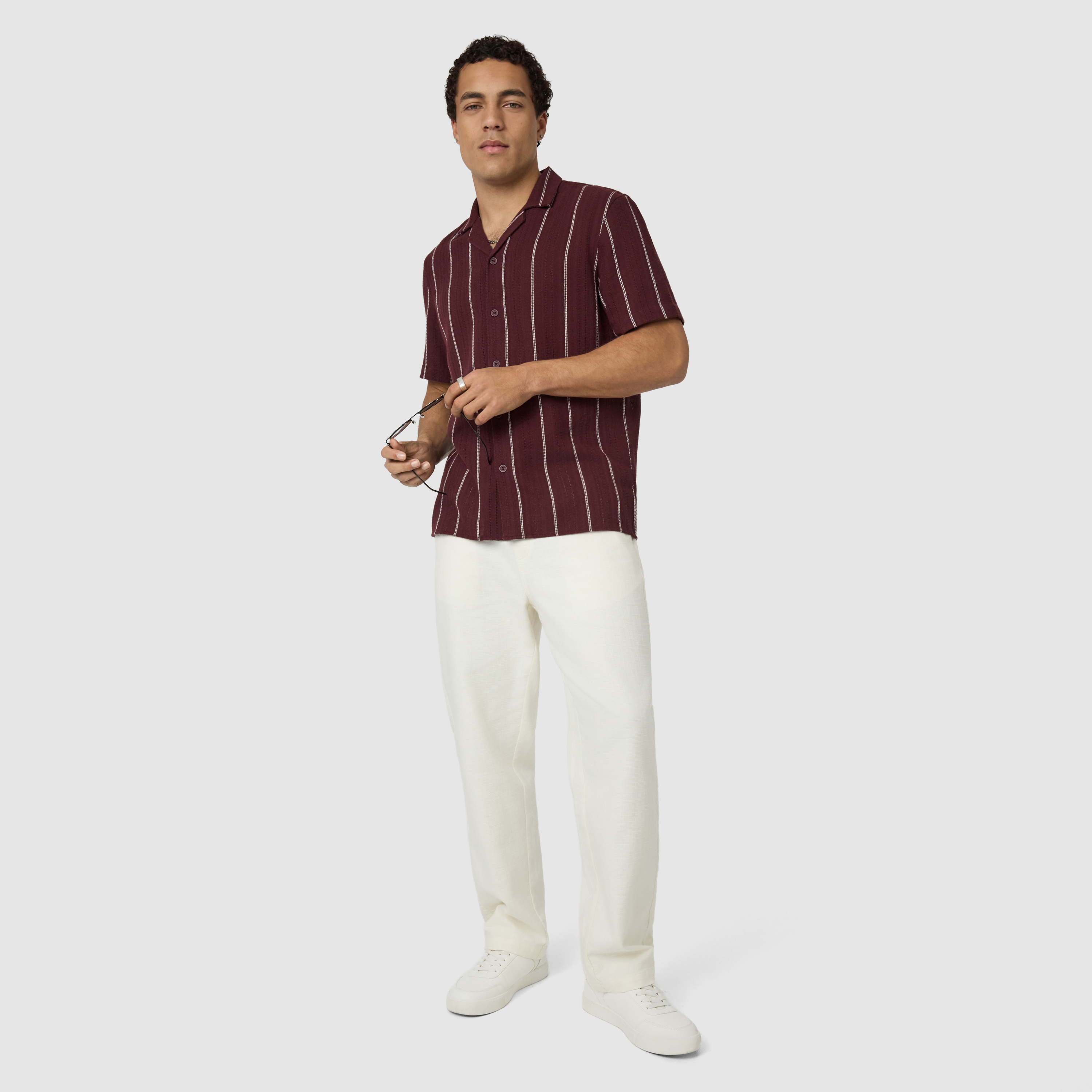 Wine Henty Textured Stripe Short Sleeve Shirt