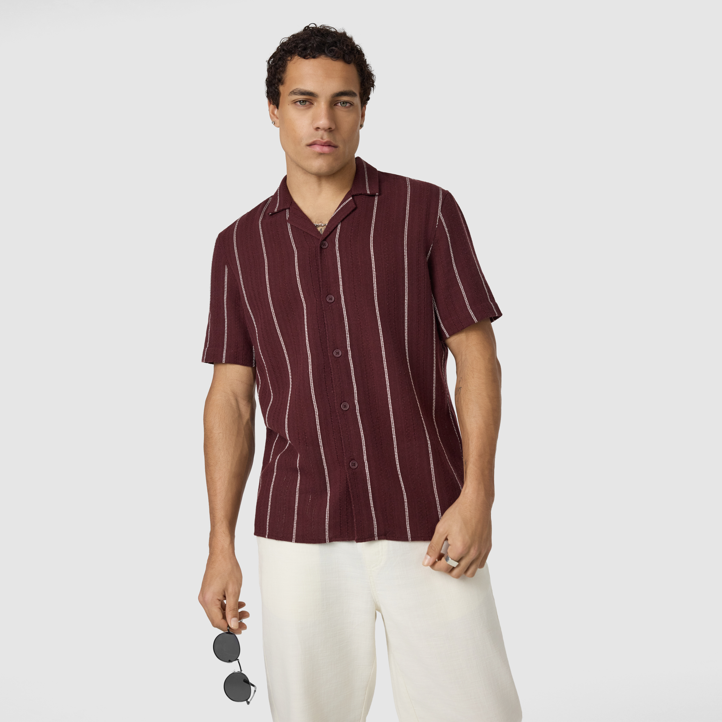 Wine Henty Textured Stripe Short Sleeve Shirt