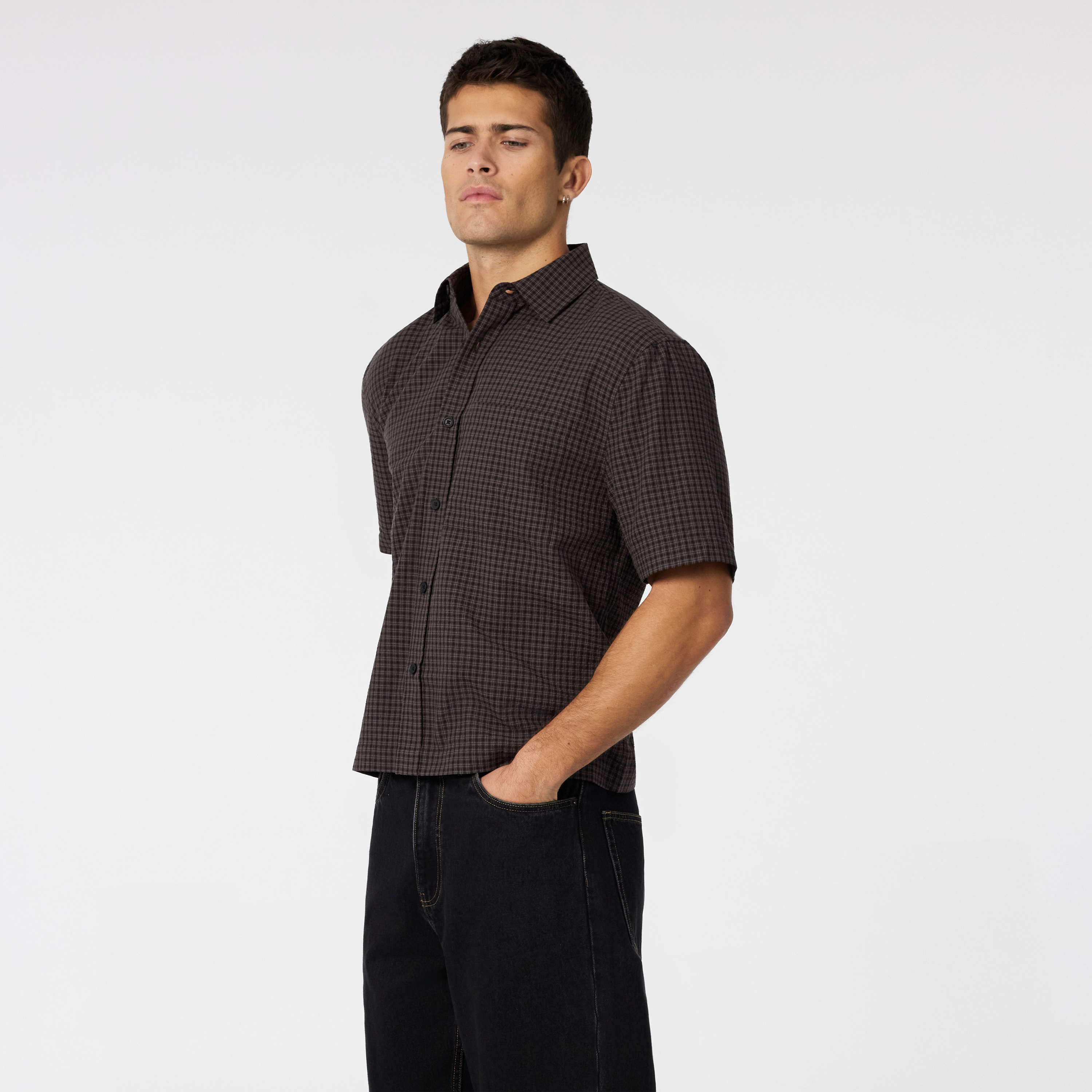 Chocolate Stanwell Check Boxy Fit Short Sleeve Shirt