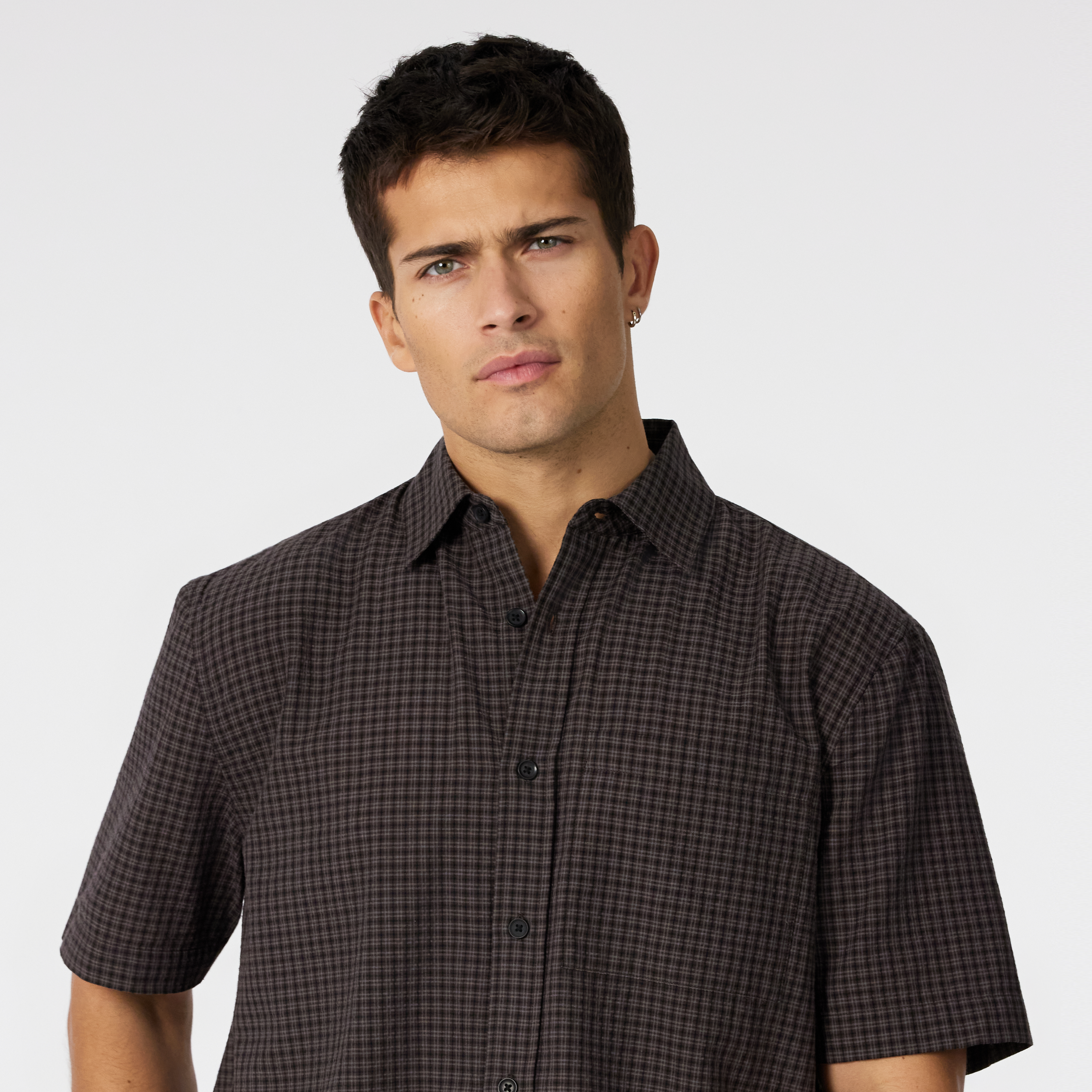 Chocolate Stanwell Check Boxy Fit Short Sleeve Shirt