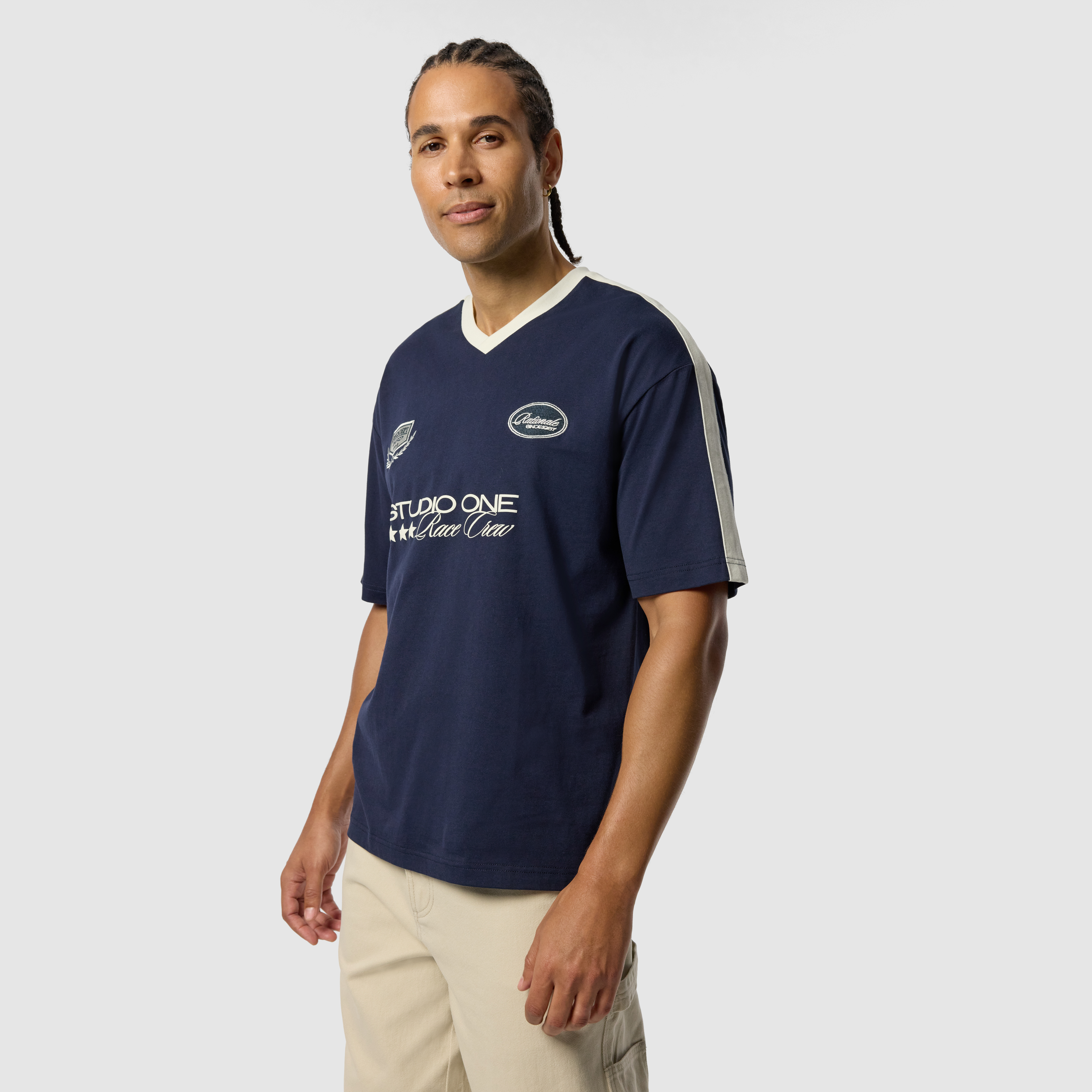 Navy Rationale Graphic Boxy V Neck Tee