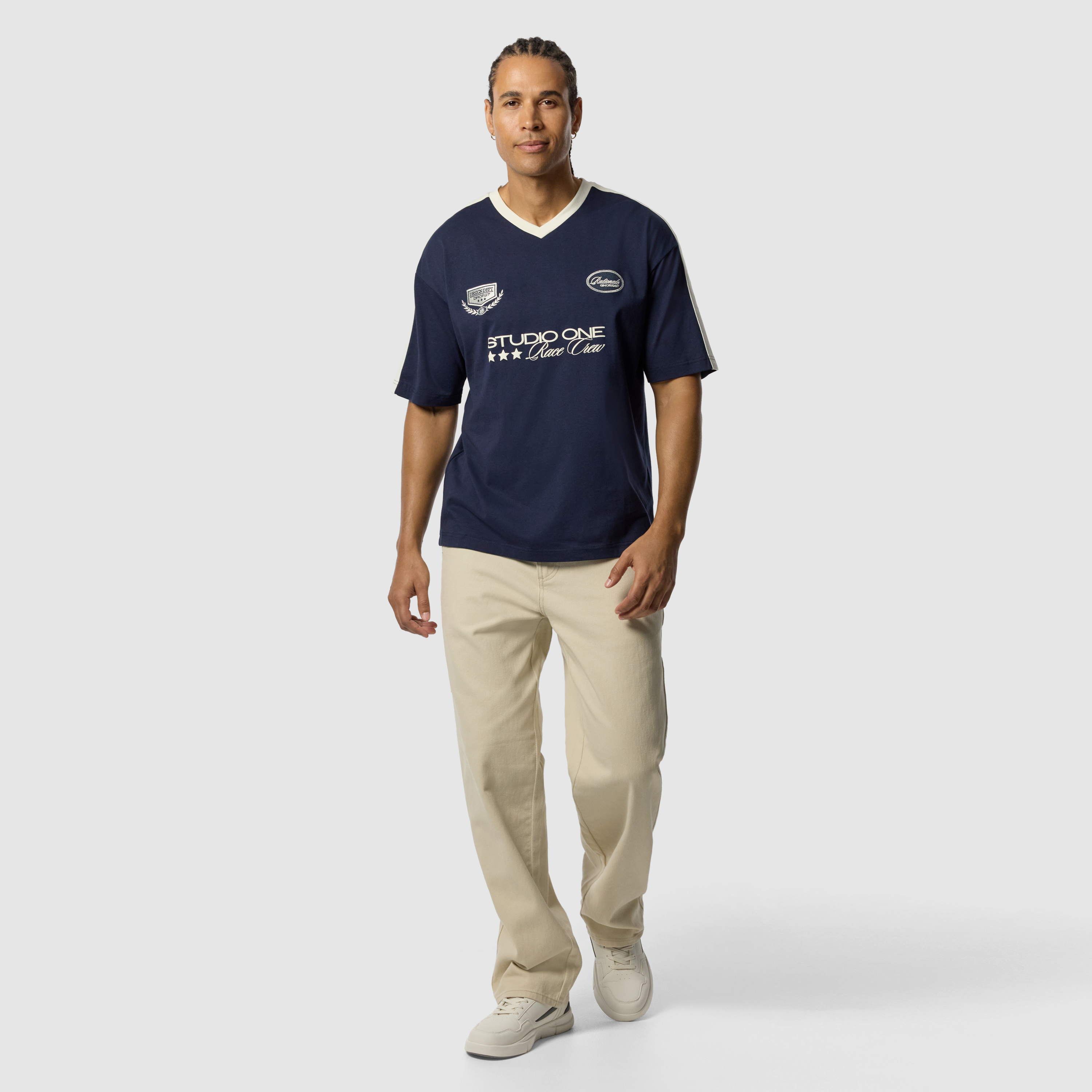 Navy Rationale Graphic Boxy V Neck Tee