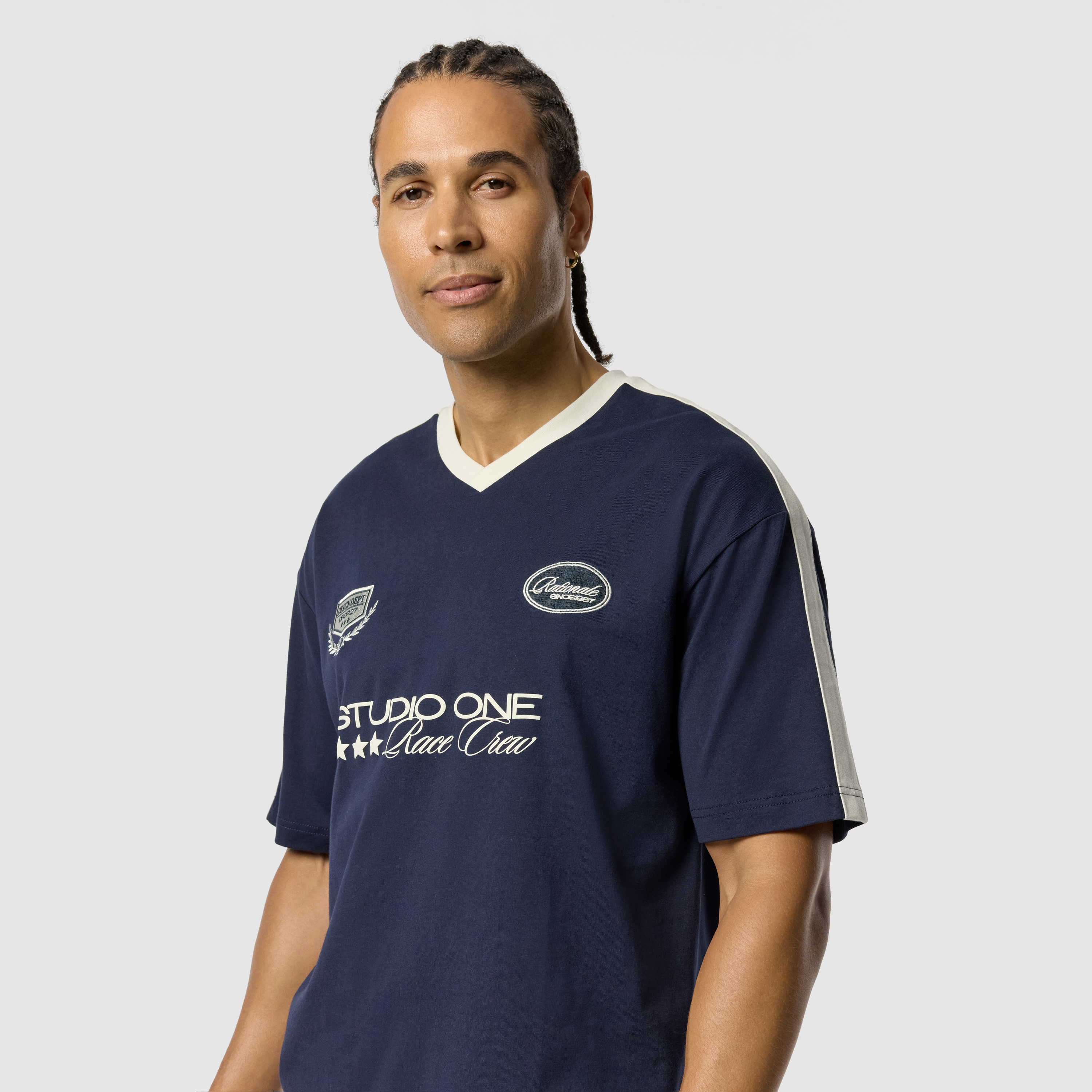 Navy Rationale Graphic Boxy V Neck Tee