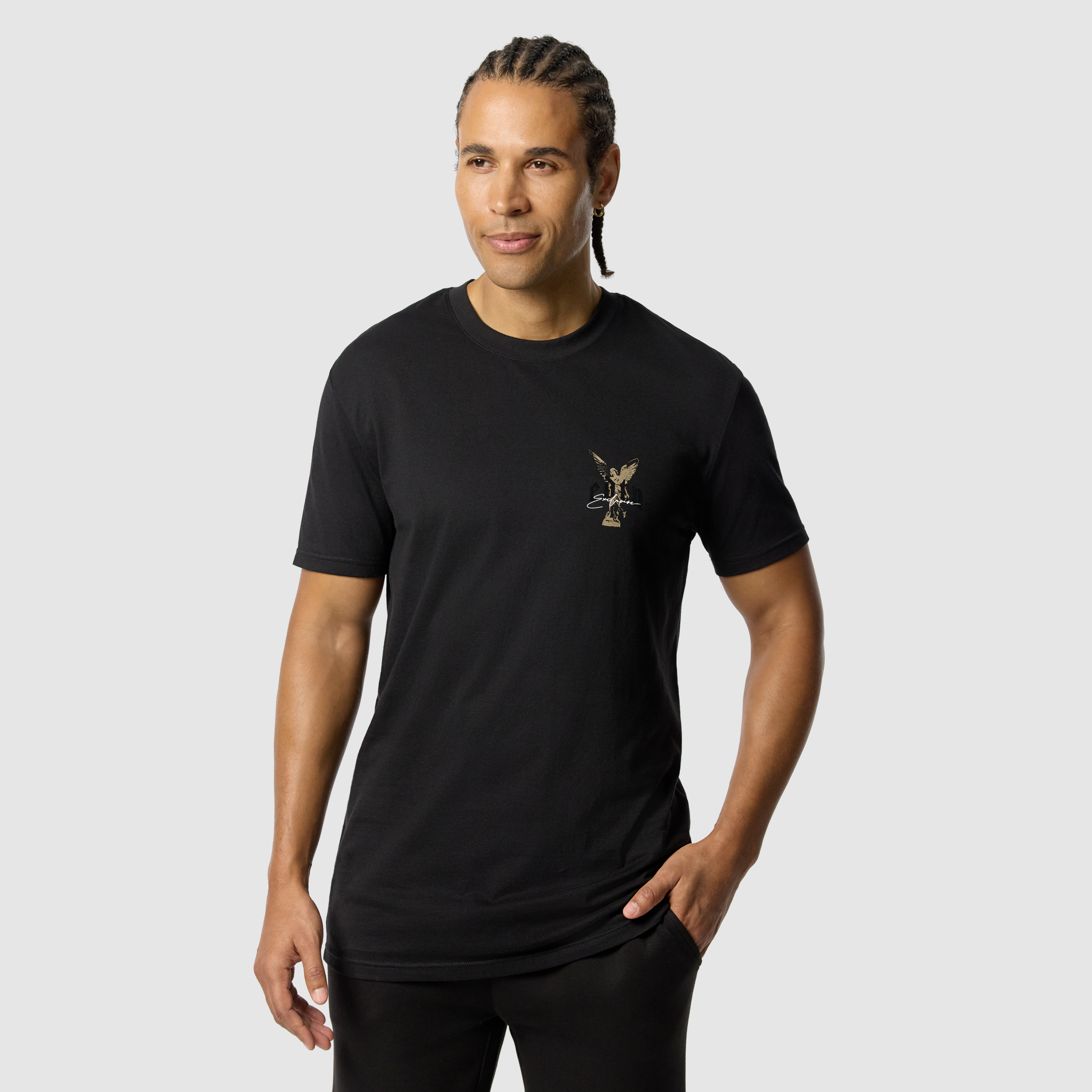 Black Angel Graphic Longline Crew Neck Tee