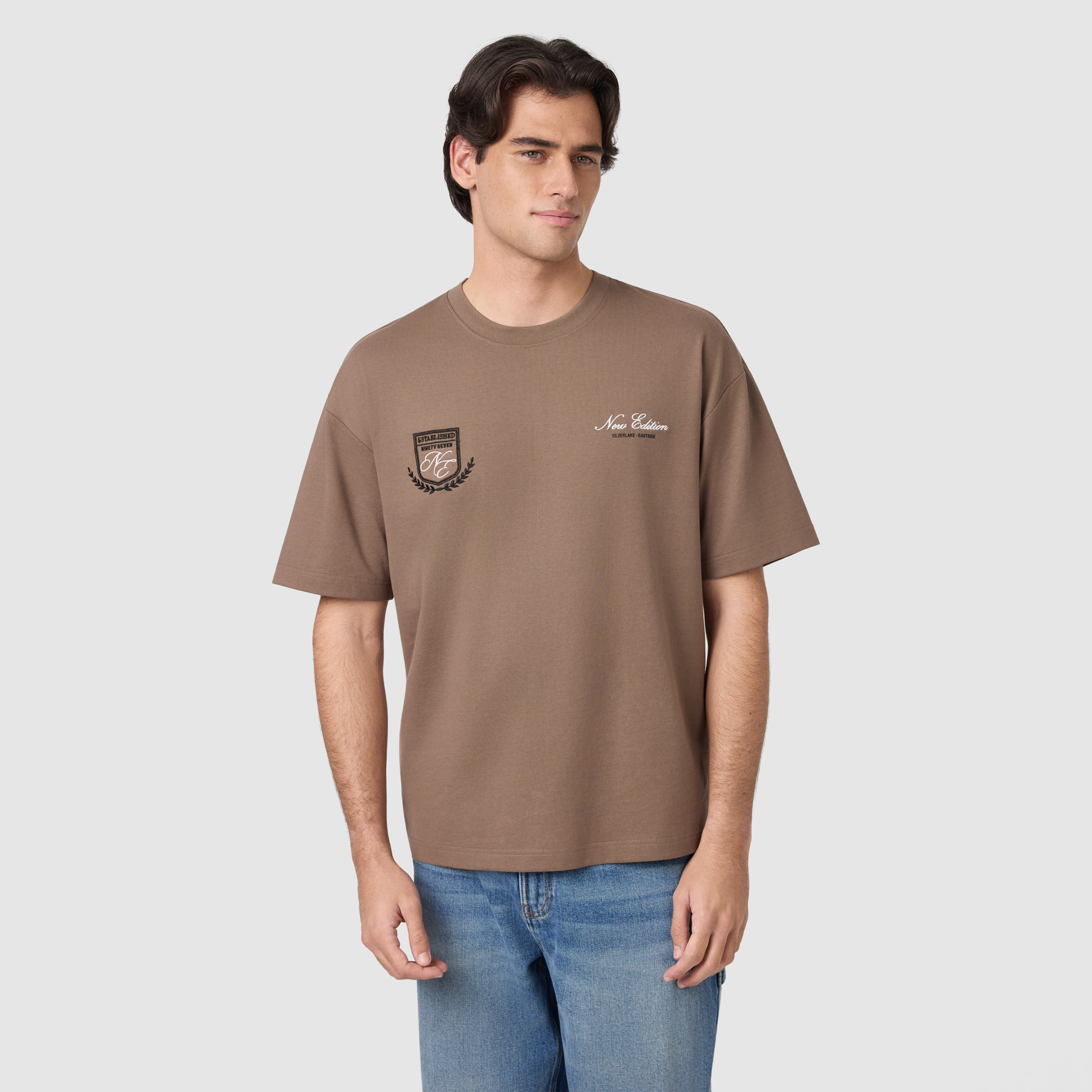 Light Brown Crest Graphic Boxy Crew Neck Tee