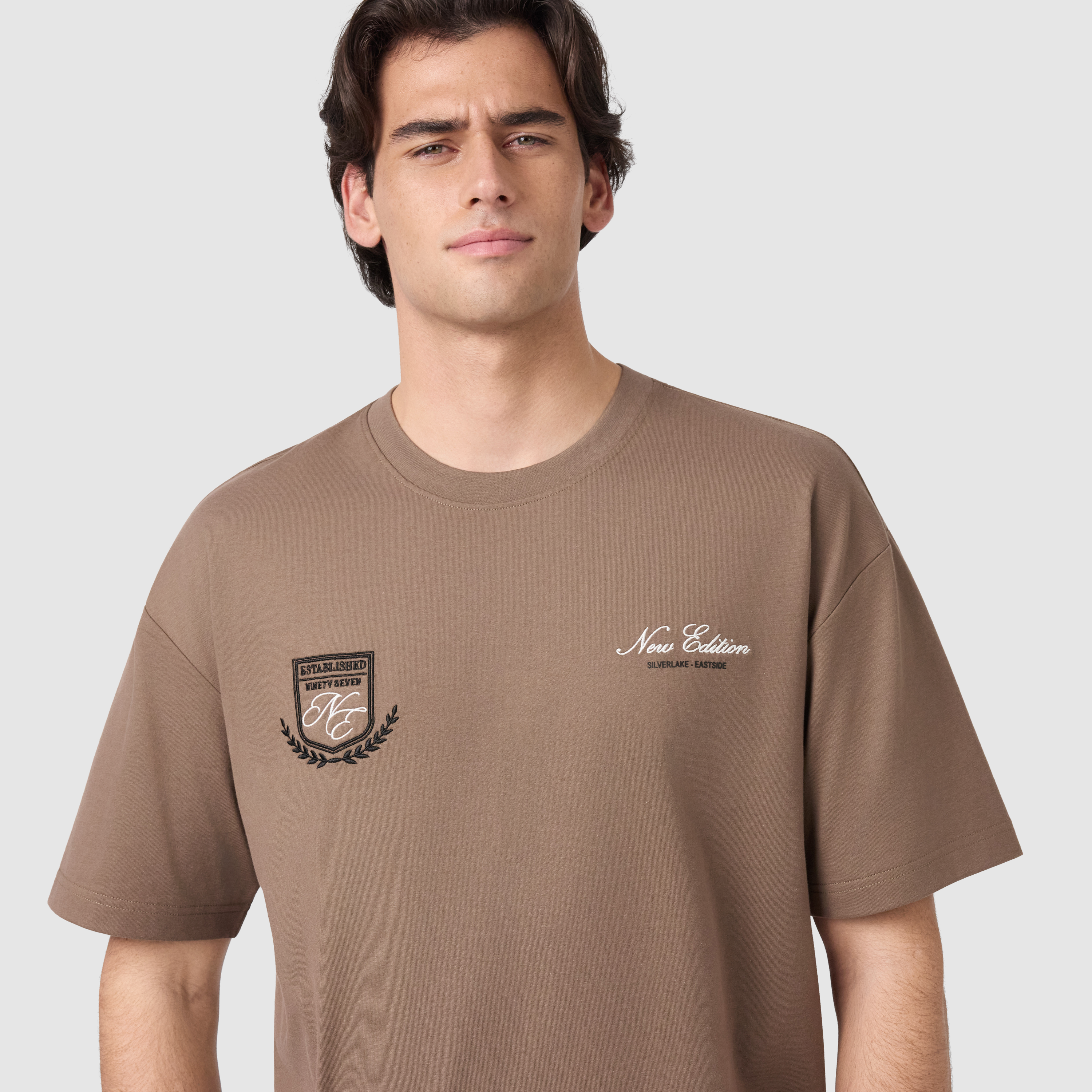 Light Brown Crest Graphic Boxy Crew Neck Tee