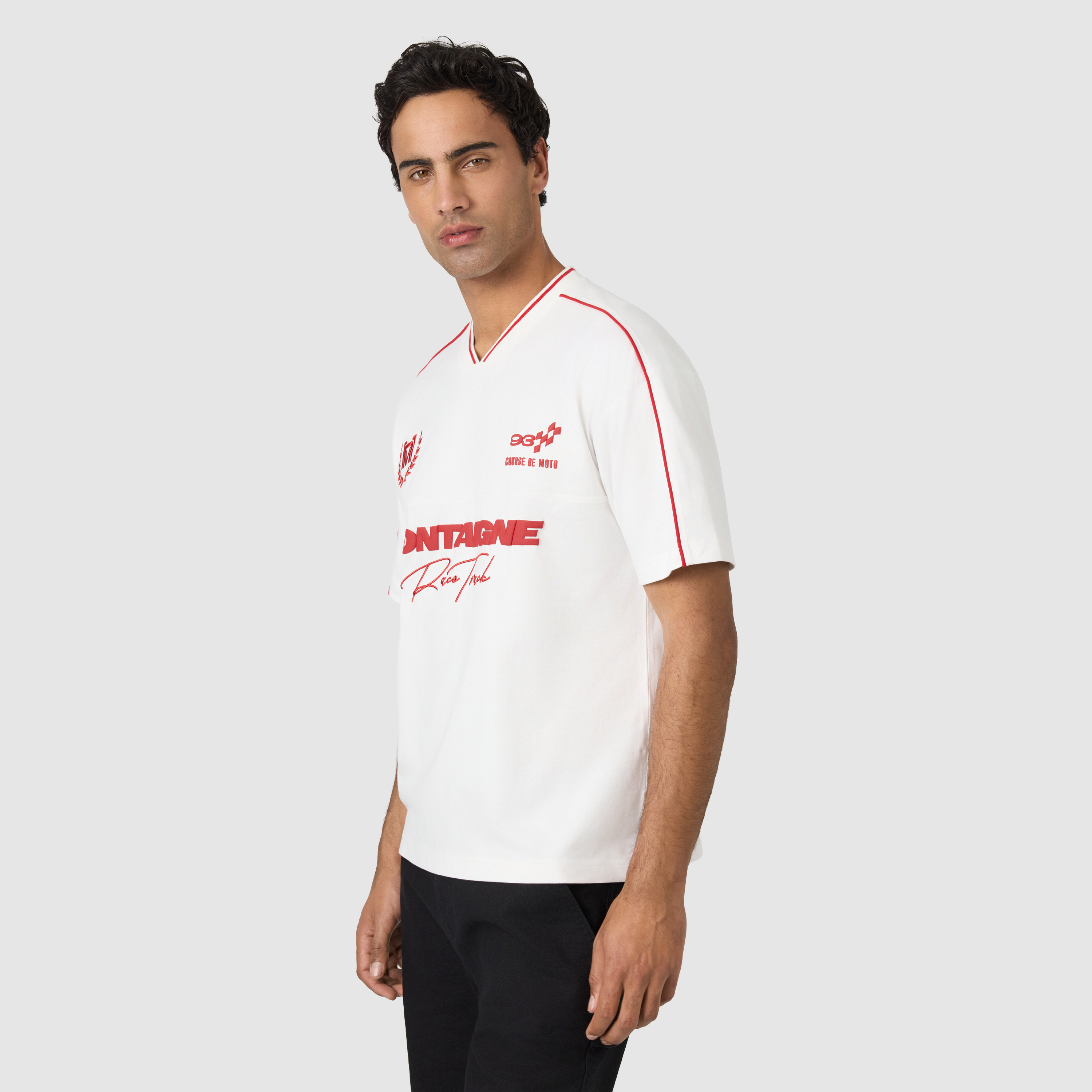 Off White Montaigne Graphic Boxy V Neck Tee