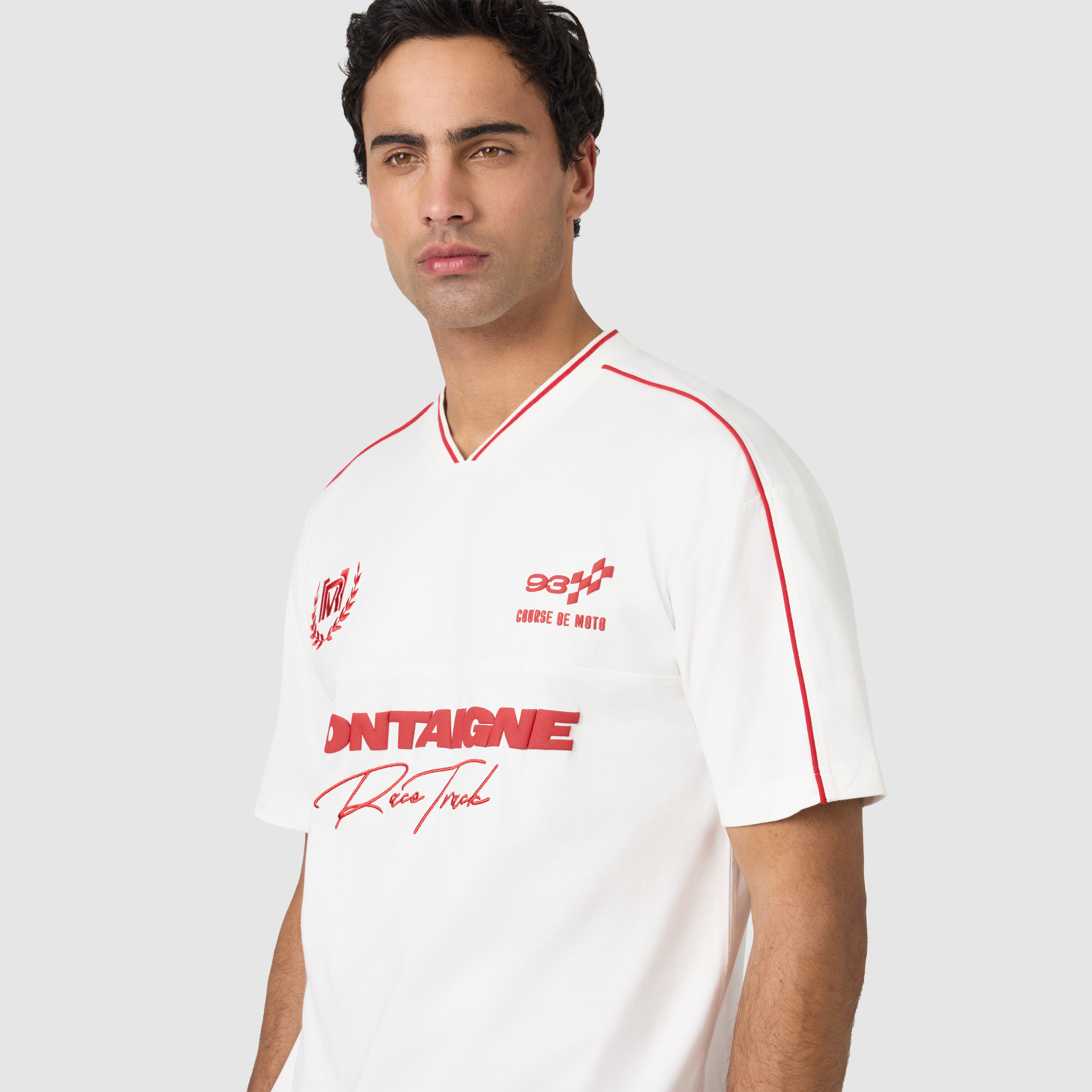 Off White Montaigne Graphic Boxy V Neck Tee