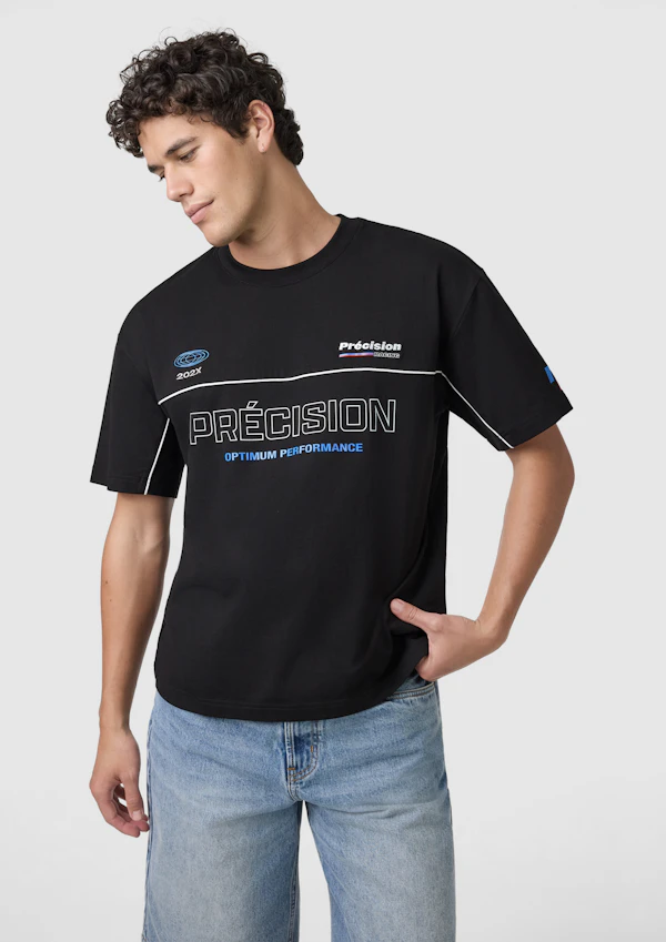 Black Precision Graphic Boxy Crew Neck Tee