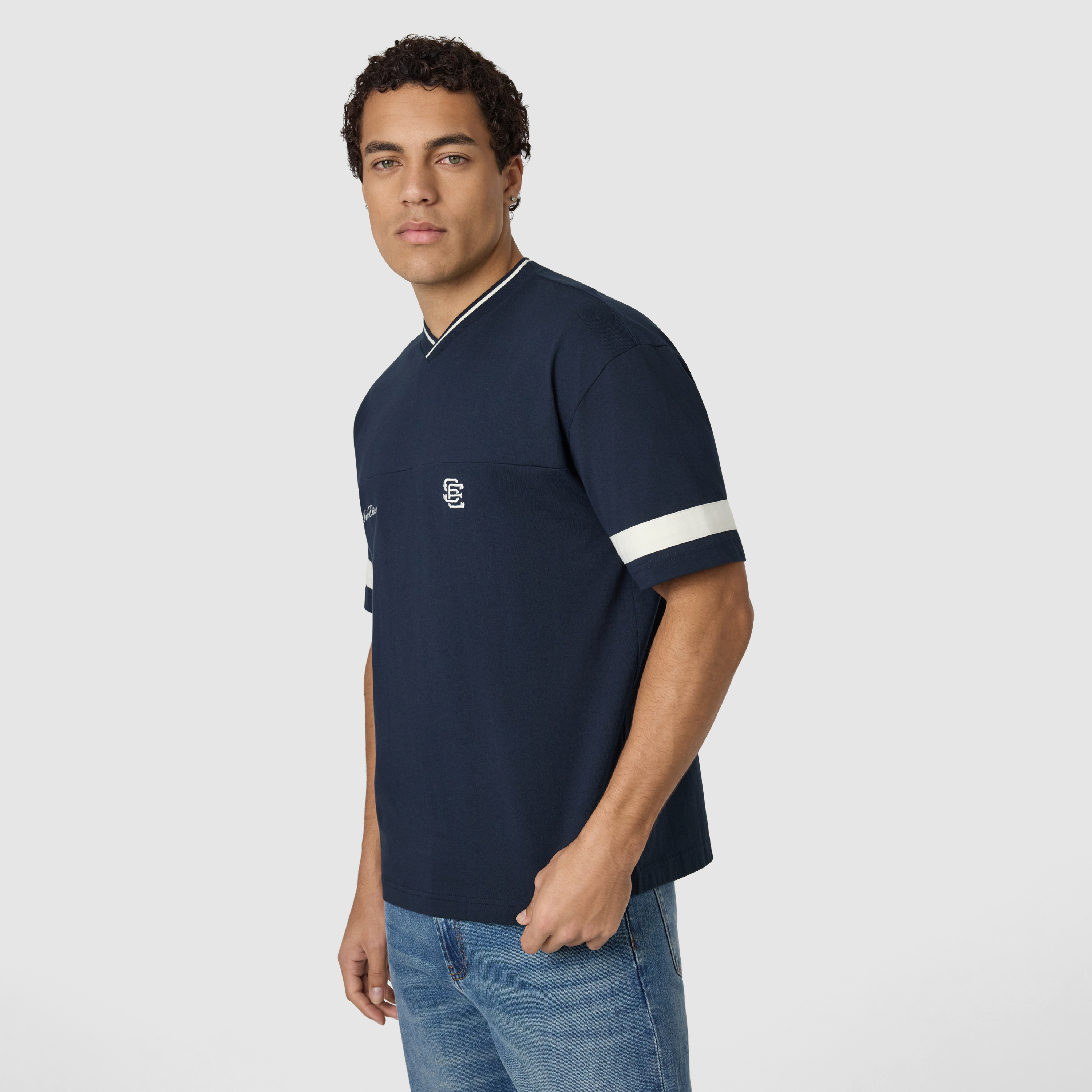 Navy St Etienne Graphic Boxy V Neck Tee