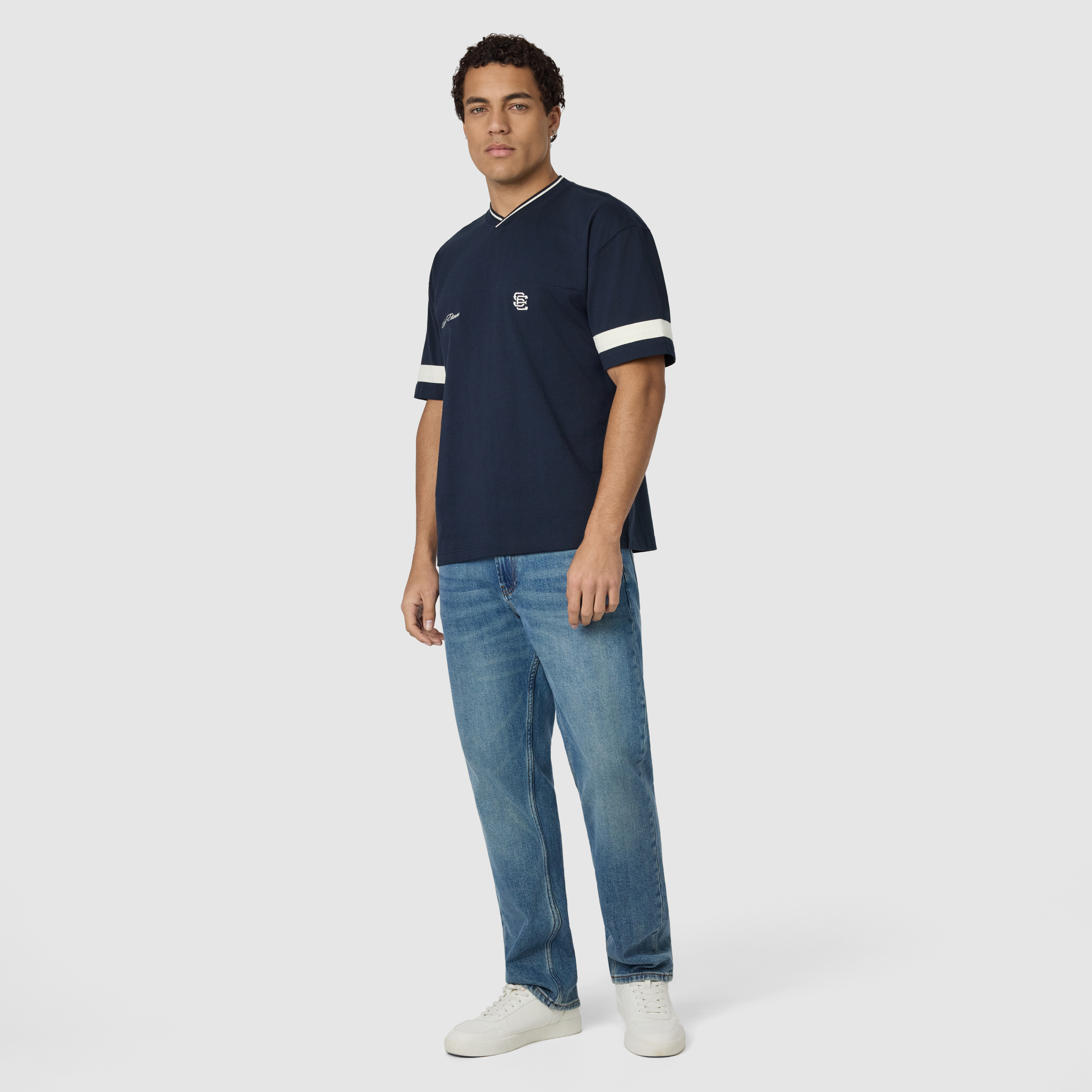 Navy St Etienne Graphic Boxy V Neck Tee